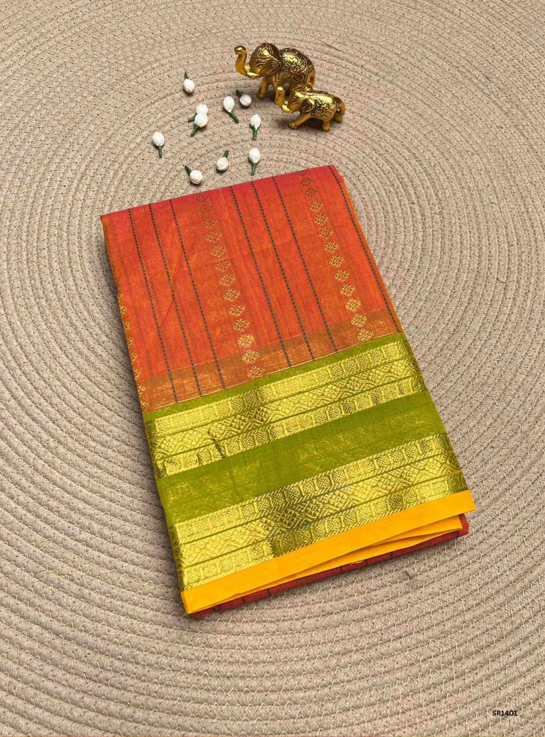 Peach & Green - Kanchi Cotton Saree