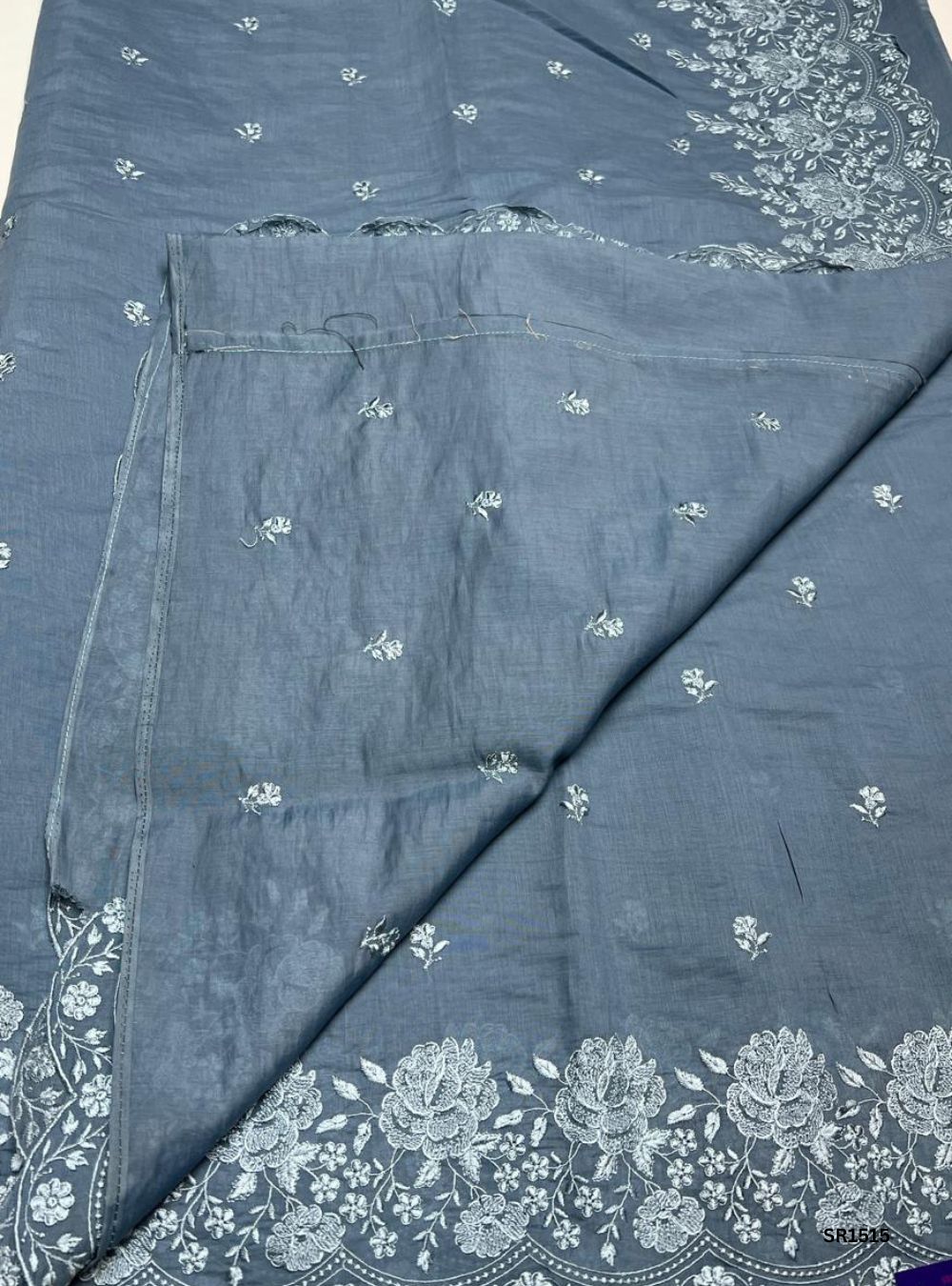 Grey - Mul chanderi Thread Embroided Saree