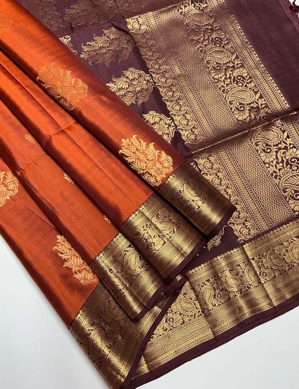 Rust Orange & Brown - Soft Silk Saree