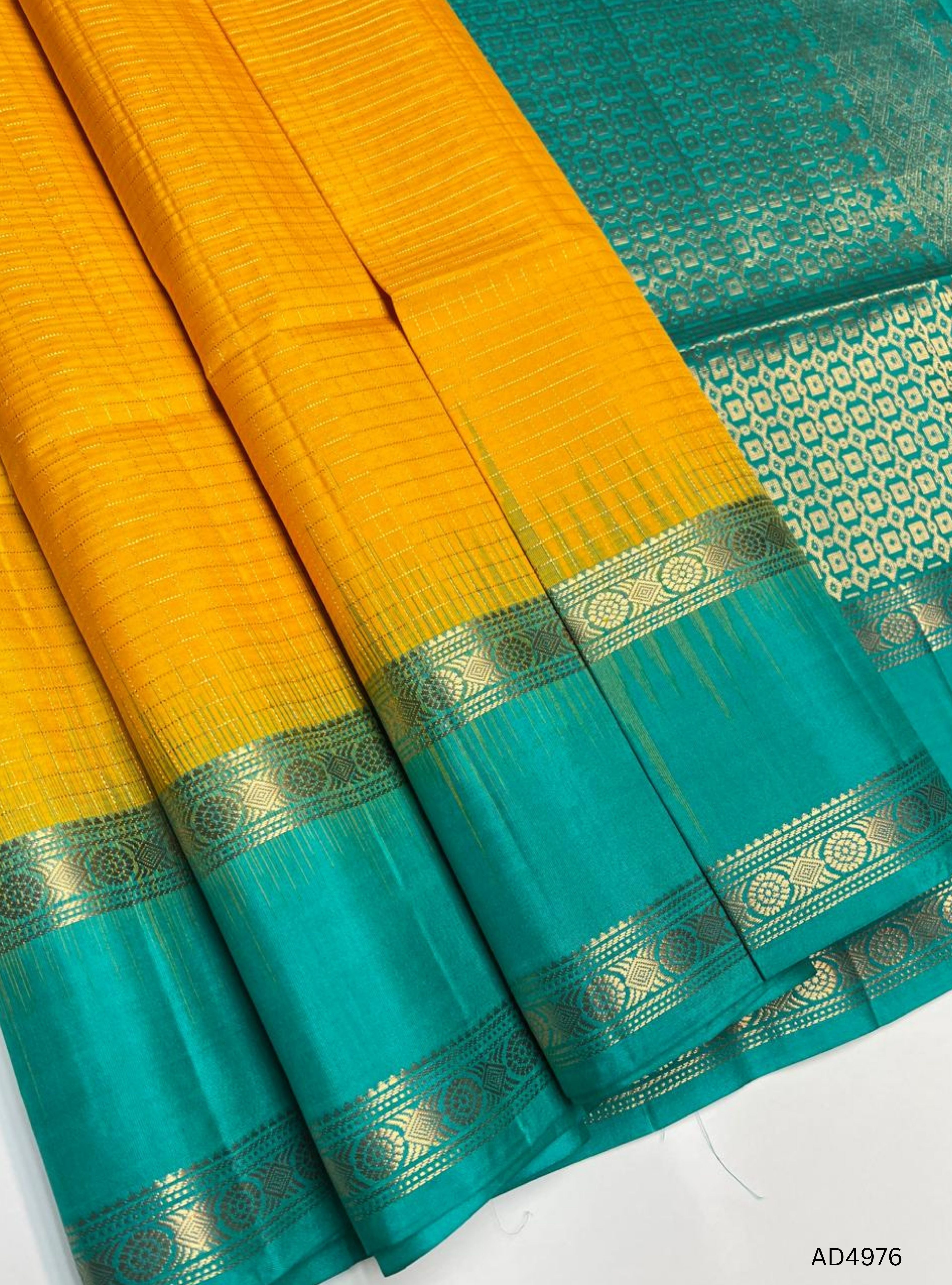 Mango Yellow & Rama Blue - Checkerd Retta Pet Soft Silk Saree