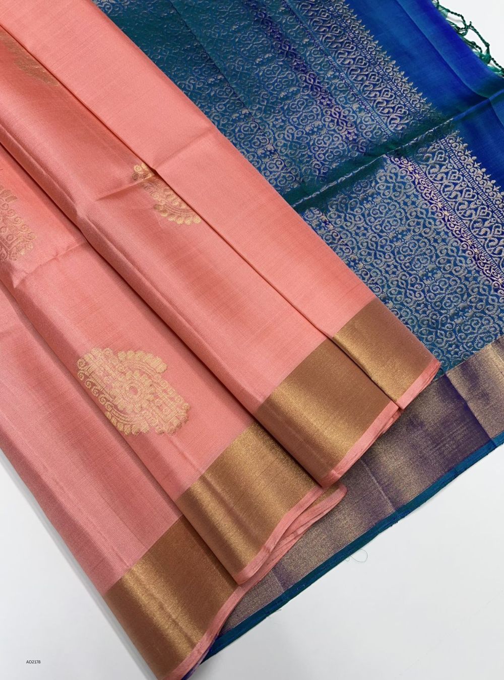 Peach & Peacock Blue - Soft Silk Saree