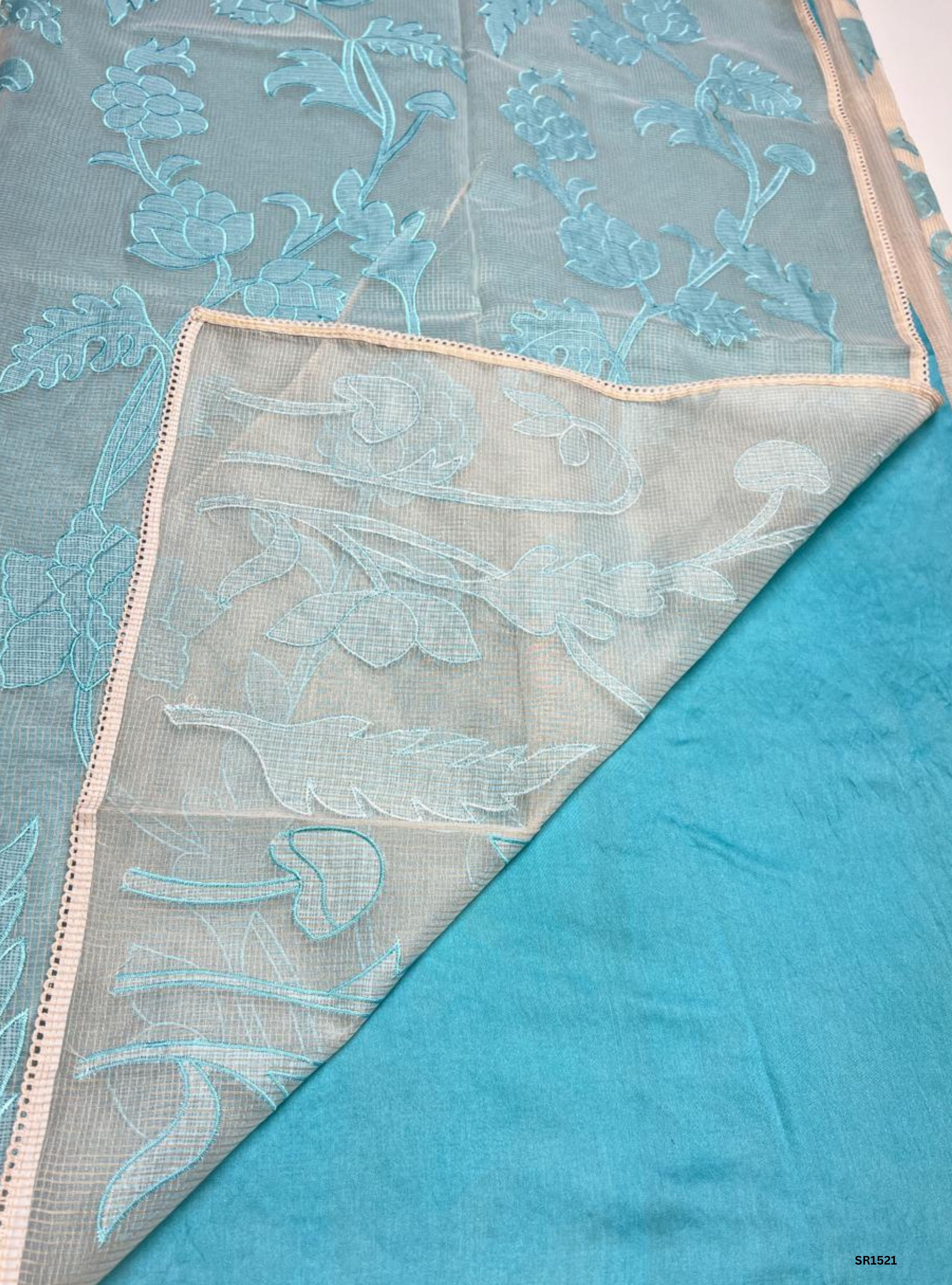 Half White & Baby Blue - Kota Applique Work Saree