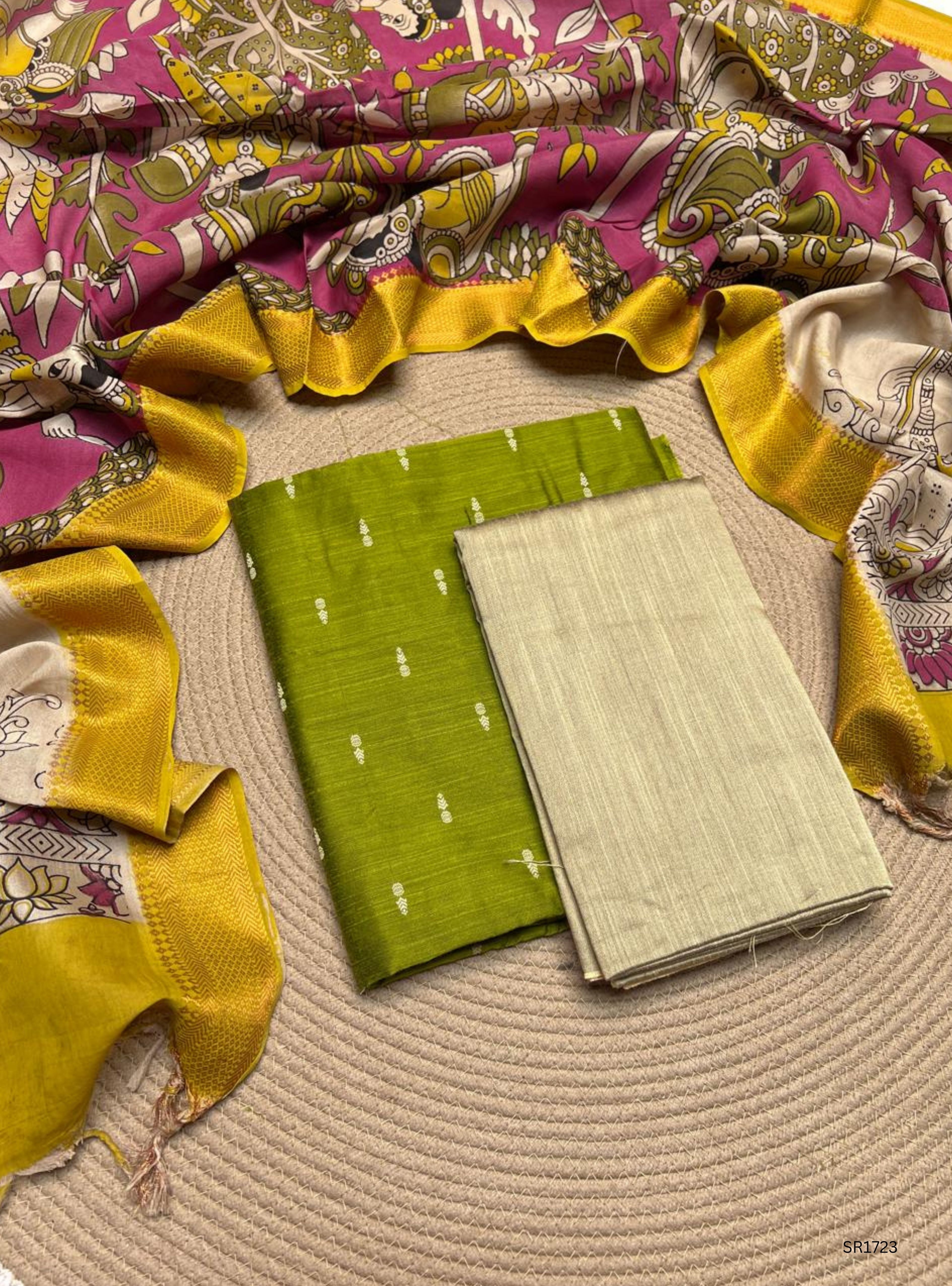 Green - Raw Silk X Kalamkari Unstiched Suit 3 Pc Set