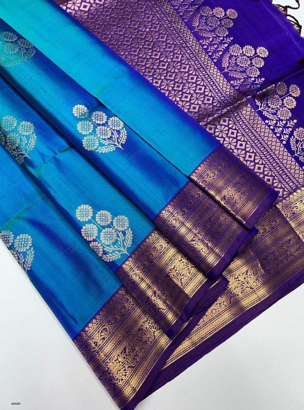Peacock Blue & Purple  -  Soft Silk Saree