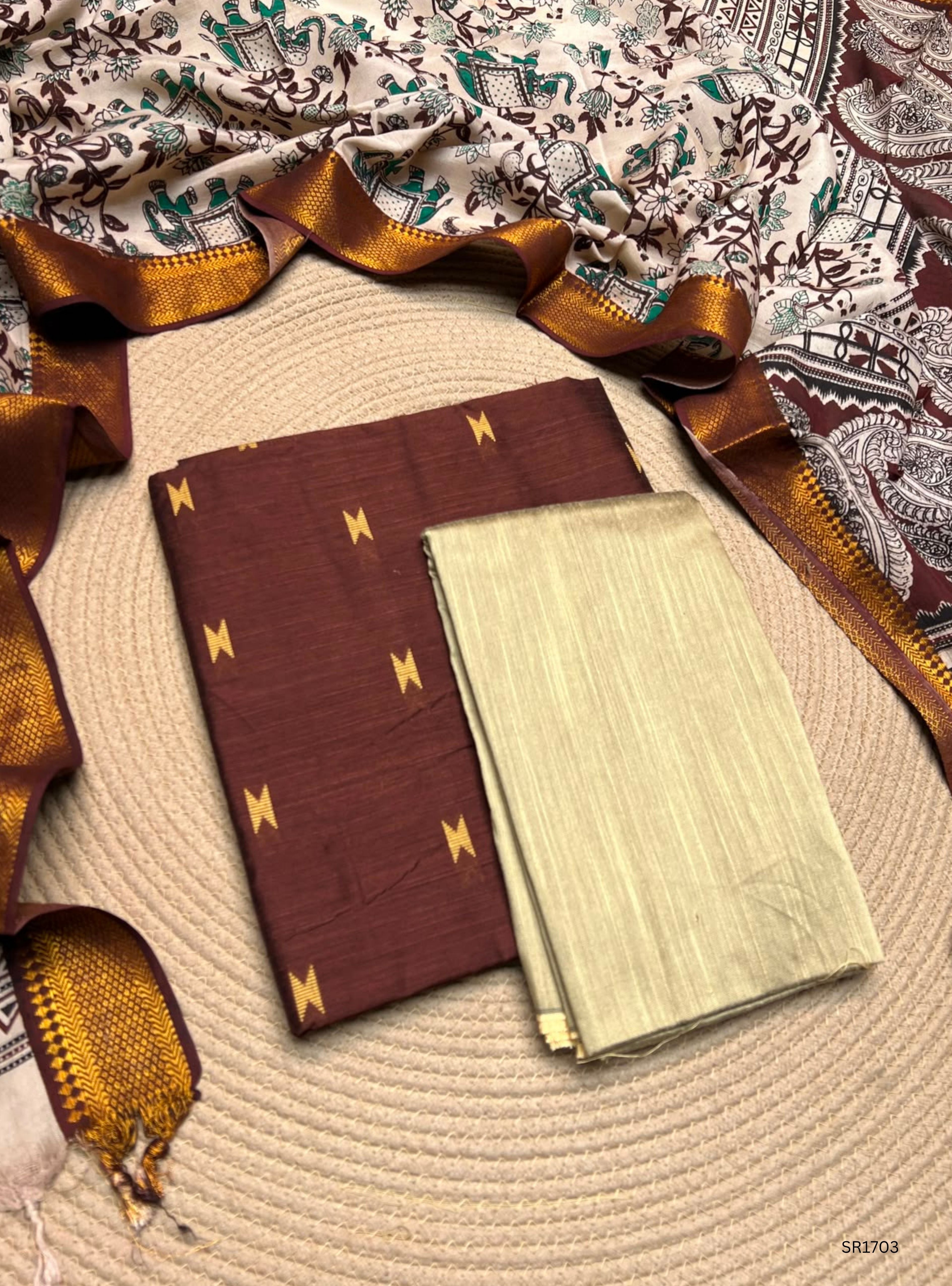 Coffee Brown - Raw Silk X Kalamkari Unstiched Suit 3 Pc Set