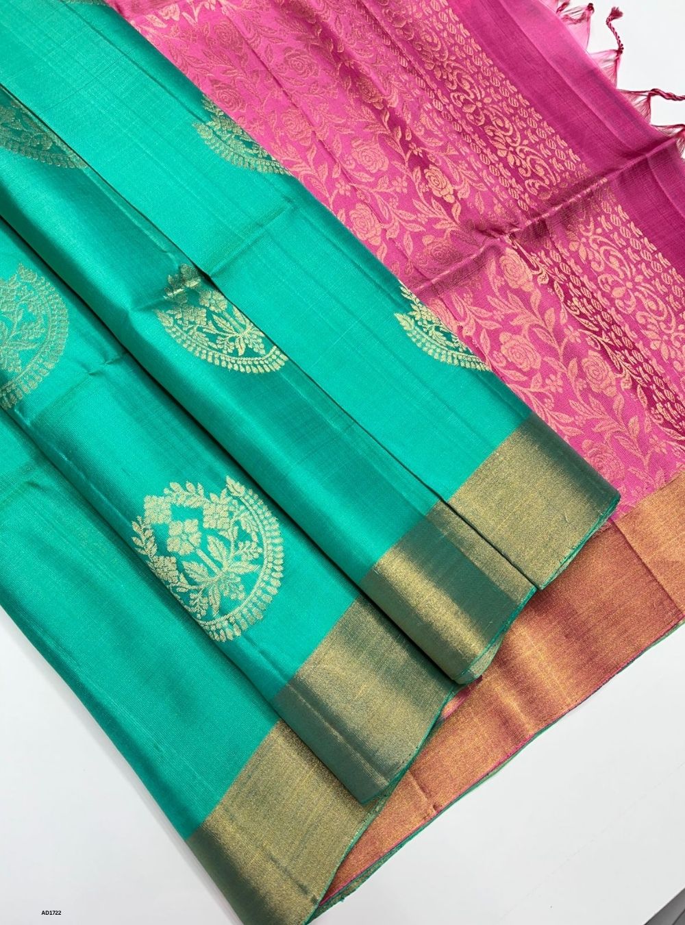 Aqua Green & Pink  - Soft Silk Saree