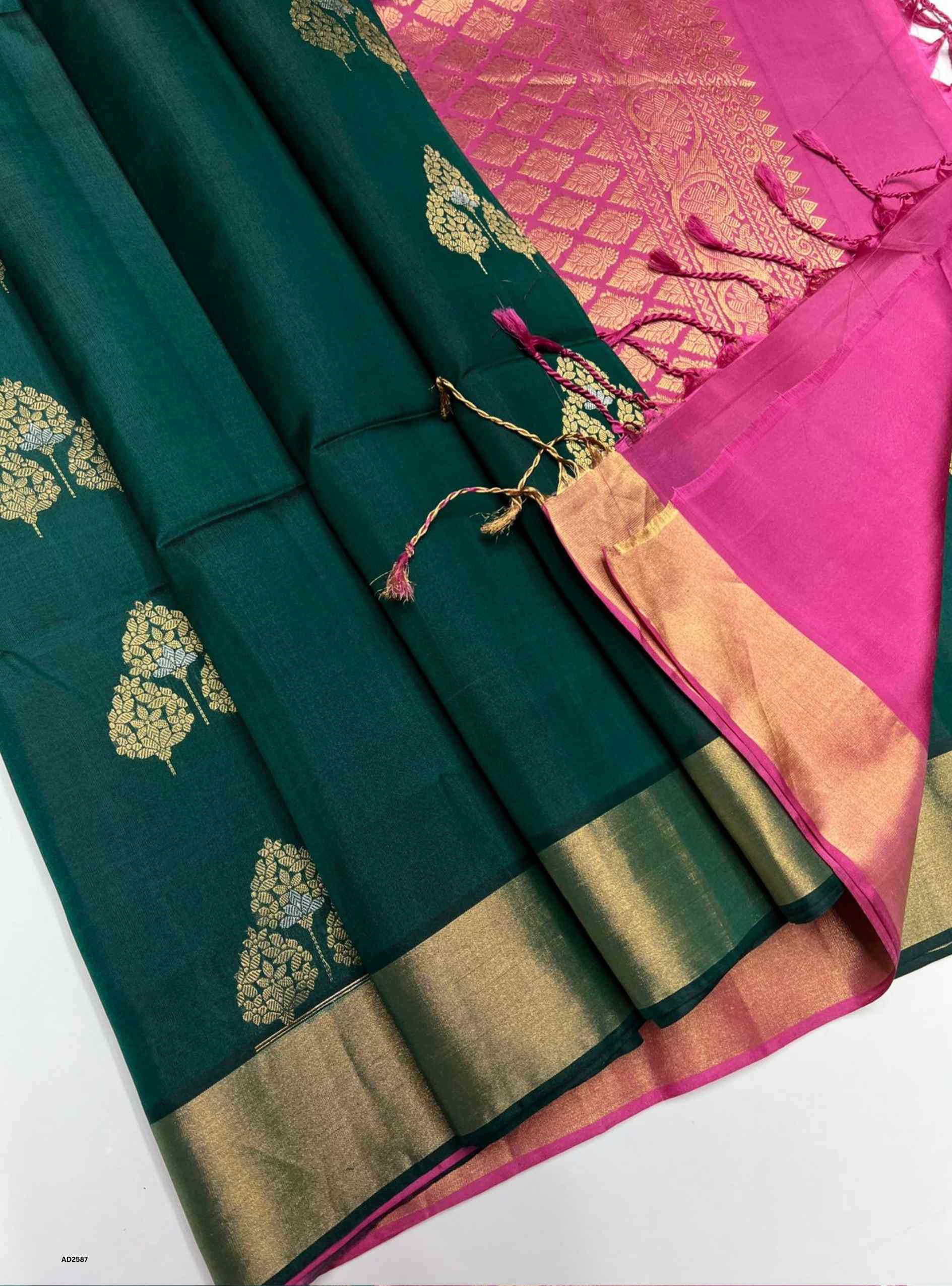 Emerald Green & Lotus Pink  - Soft Silk Saree