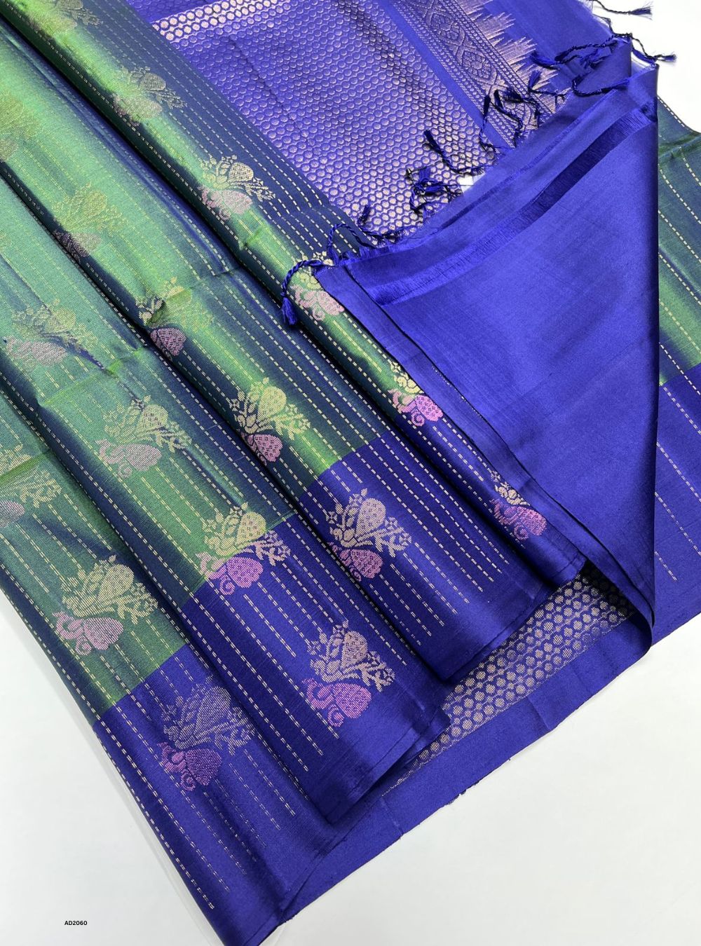 Moss Green & Navy - Soft Silk Saree