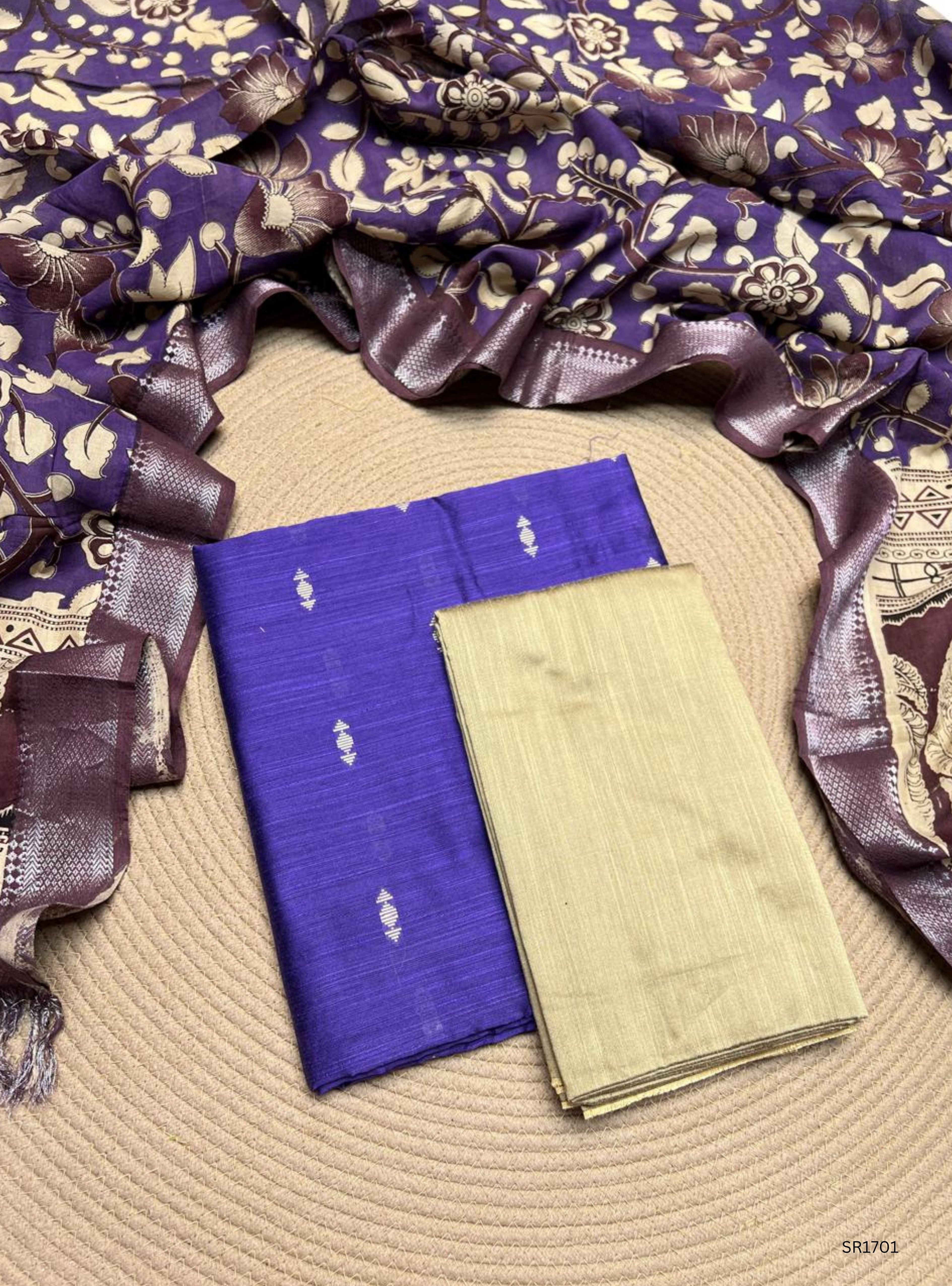 Purple - Raw Silk X Kalamkari Unstiched Suit 3 Pc Set