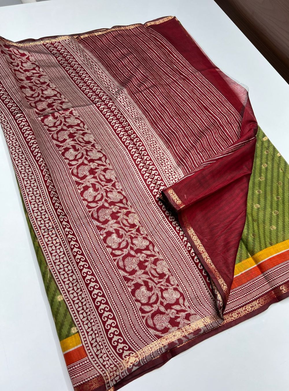 Moss Green & Maroon - Chanderi Cotton