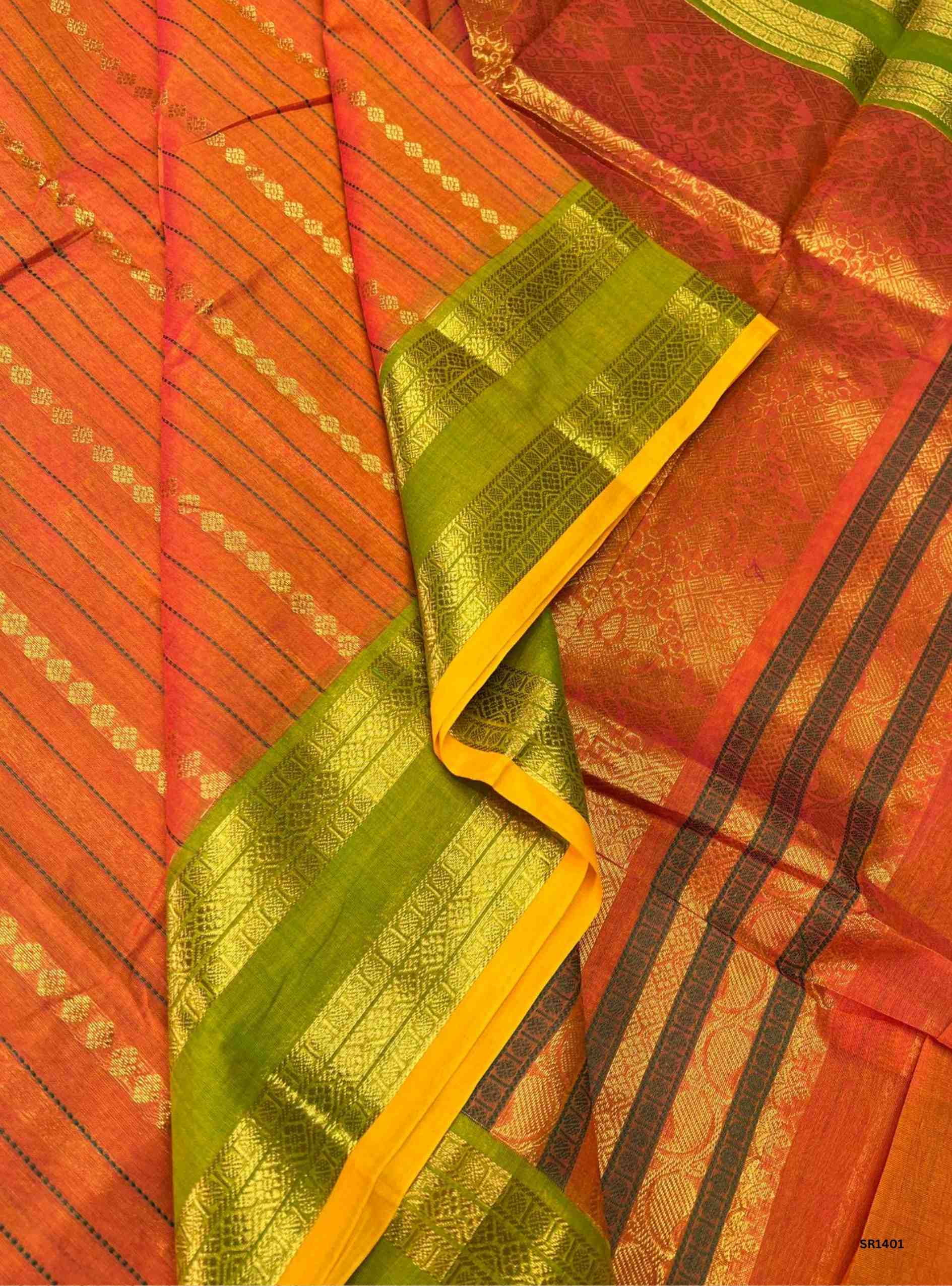 Peach & Green - Kanchi Cotton Saree
