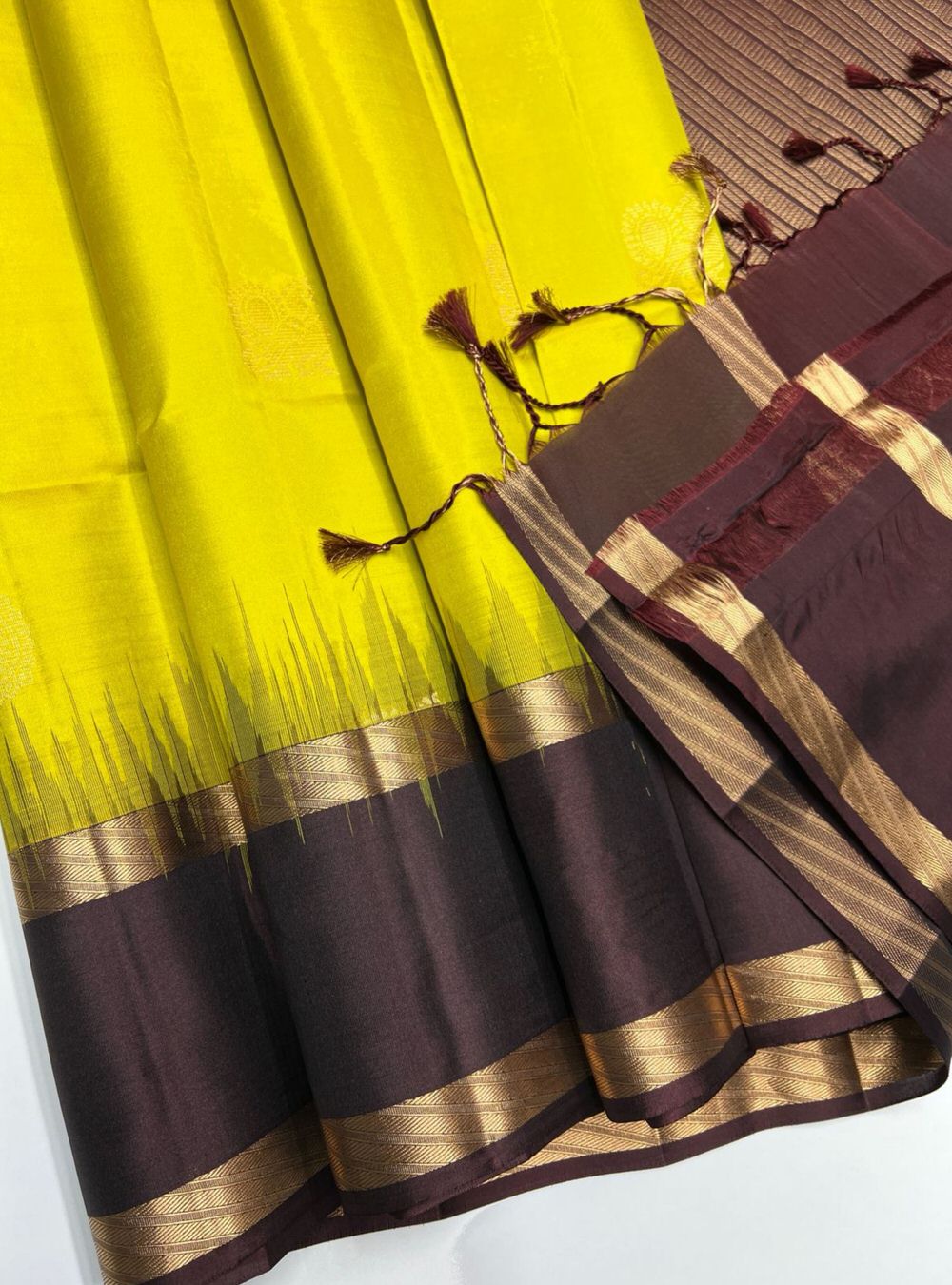 Lime Yellow & Coffee Brown - Soft Silk Saree