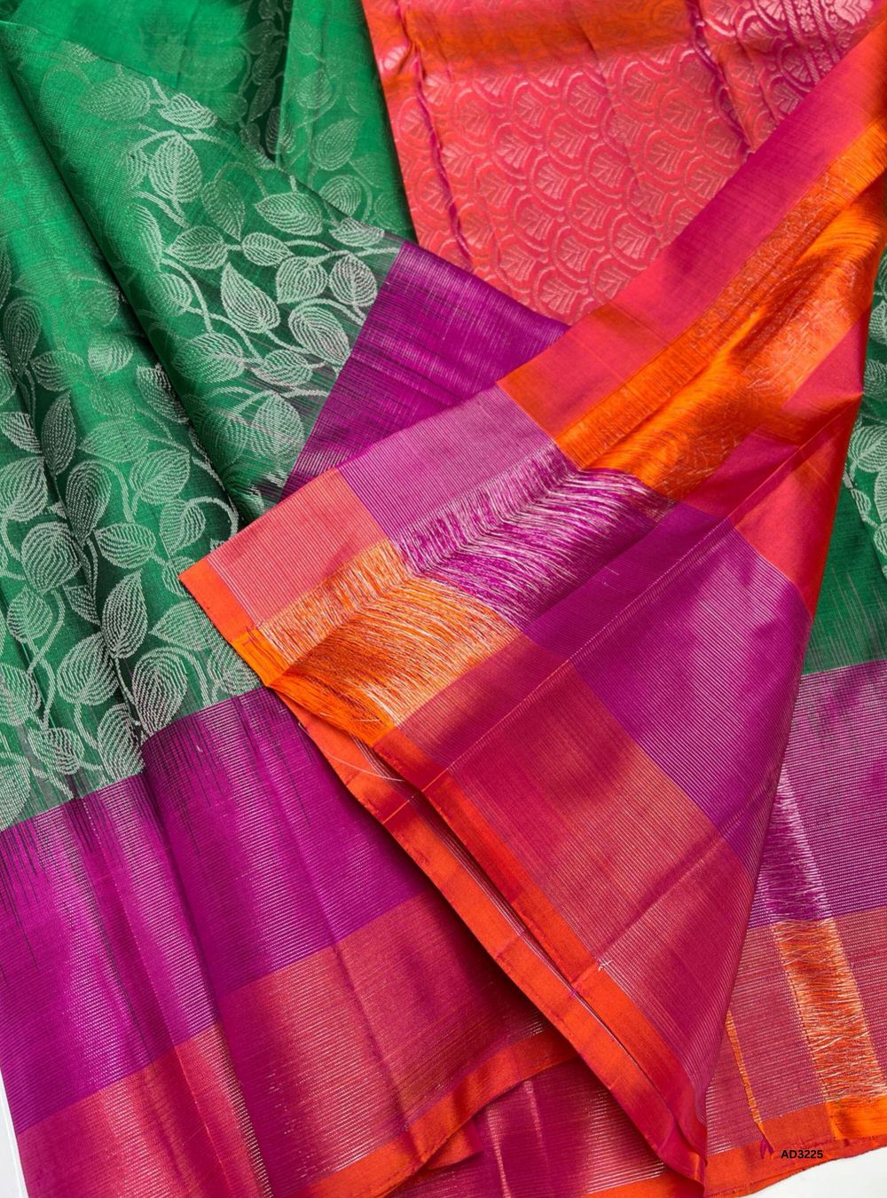 Green, Pink & Orangish Pink - Soft Silk Saree