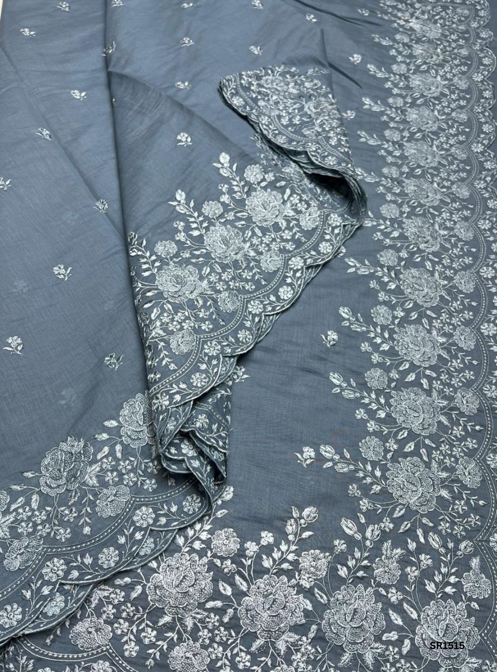 Grey - Mul chanderi Thread Embroided Saree