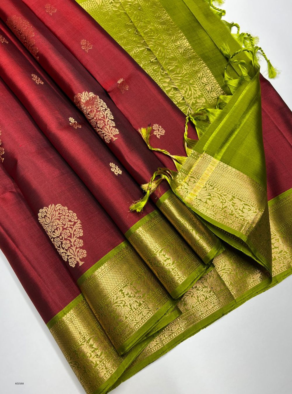 Brick Red & Parrot Green - Soft Silk Saree