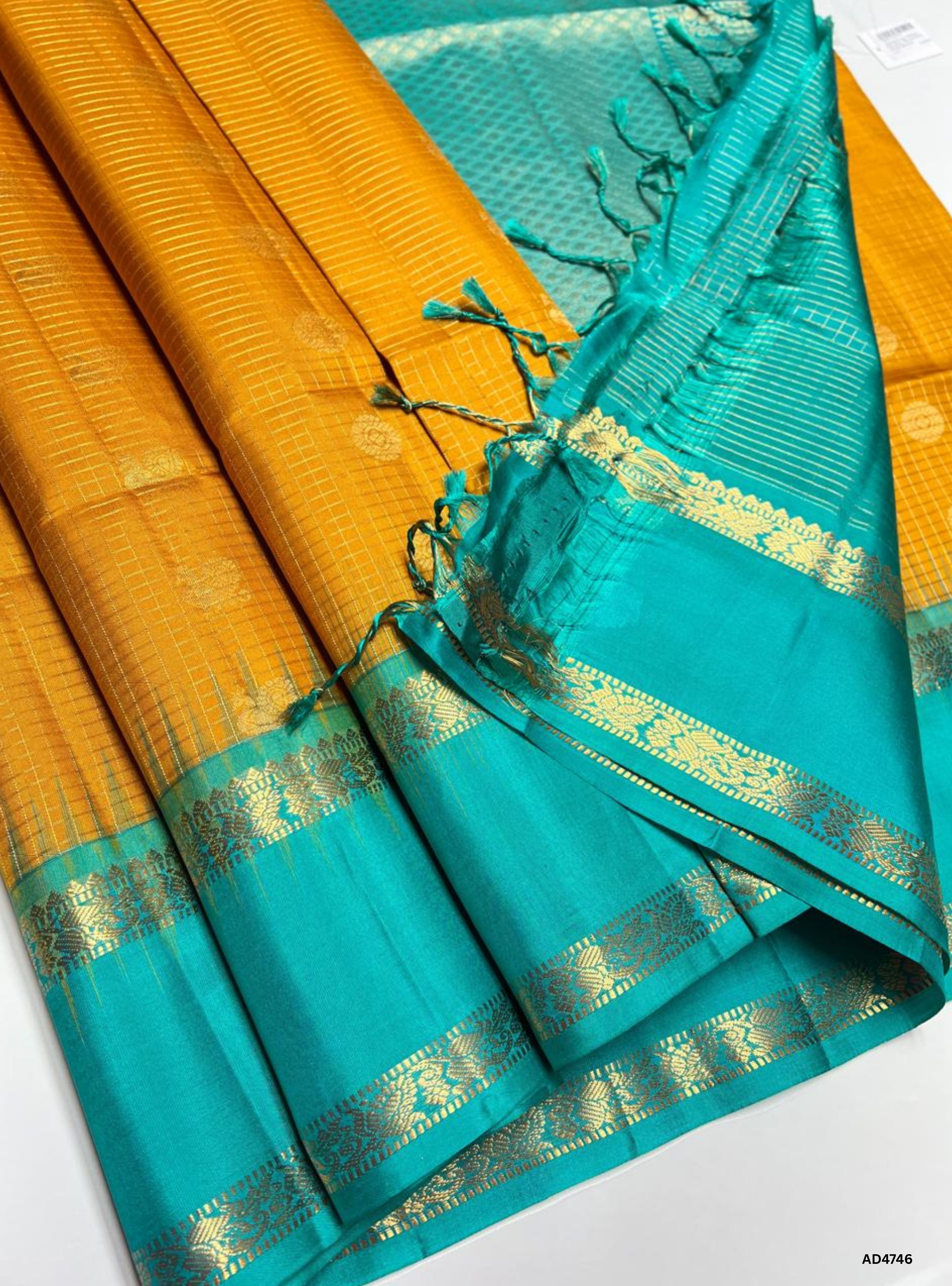 Mango Yellow & Rama Blue - Checkerd Retta Pet Soft Silk Saree