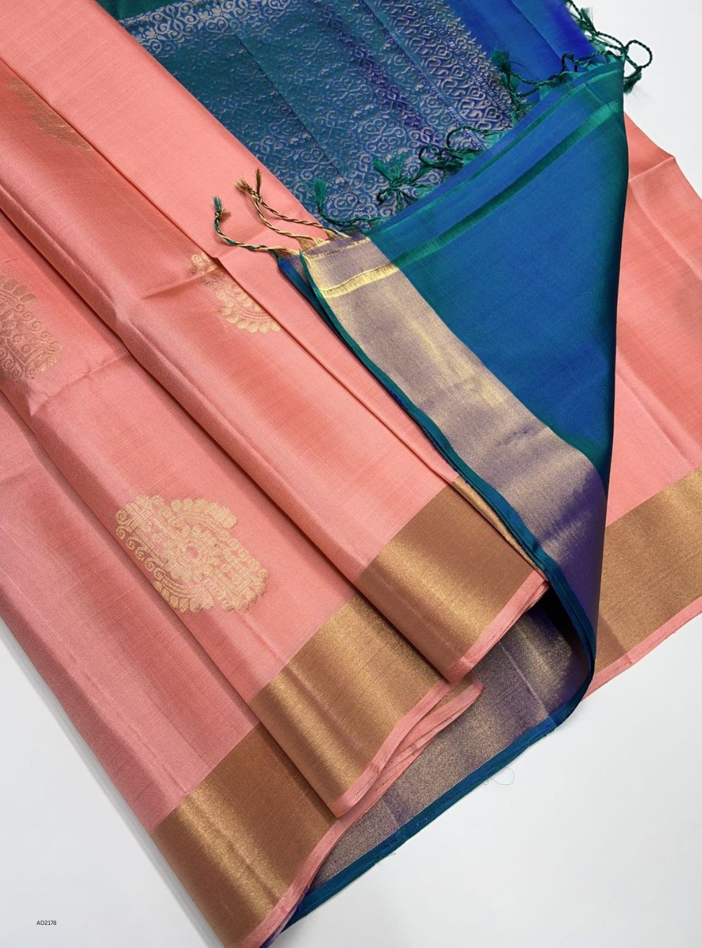 Peach & Peacock Blue - Soft Silk Saree