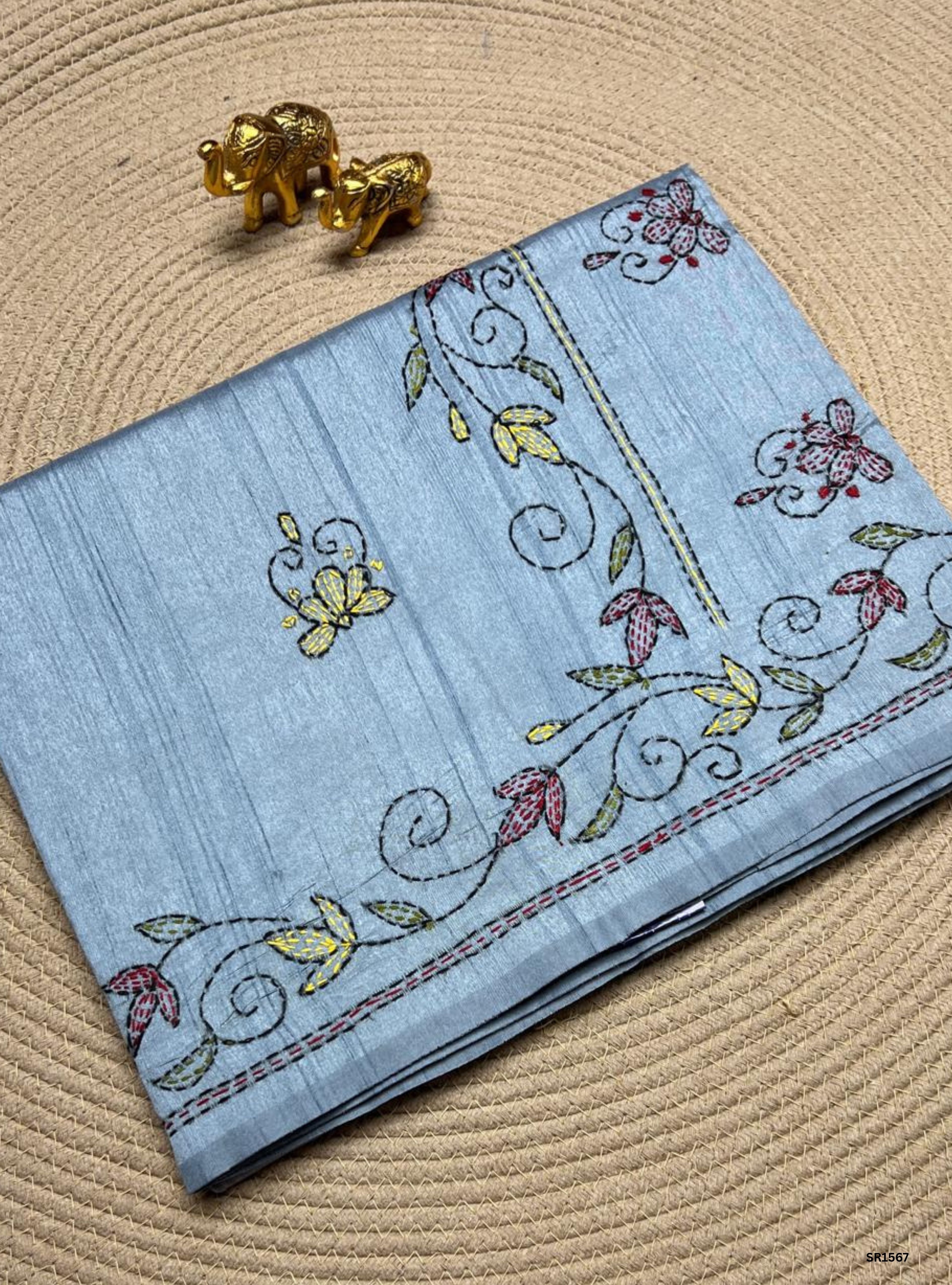 Grey - Kantha Stich Semi Tussar Saree