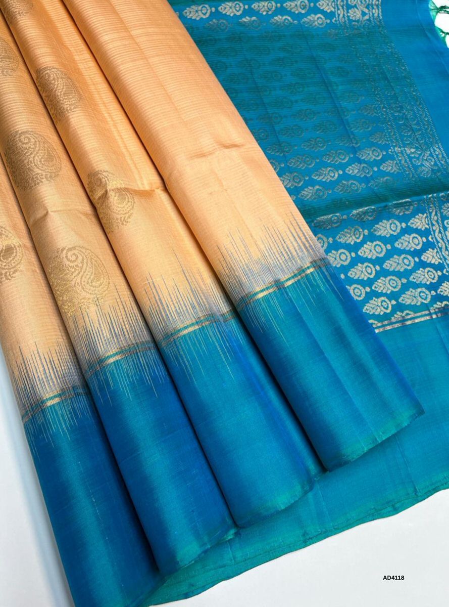 Cream & Rama Blue - Fancy Border Soft Silk Saree