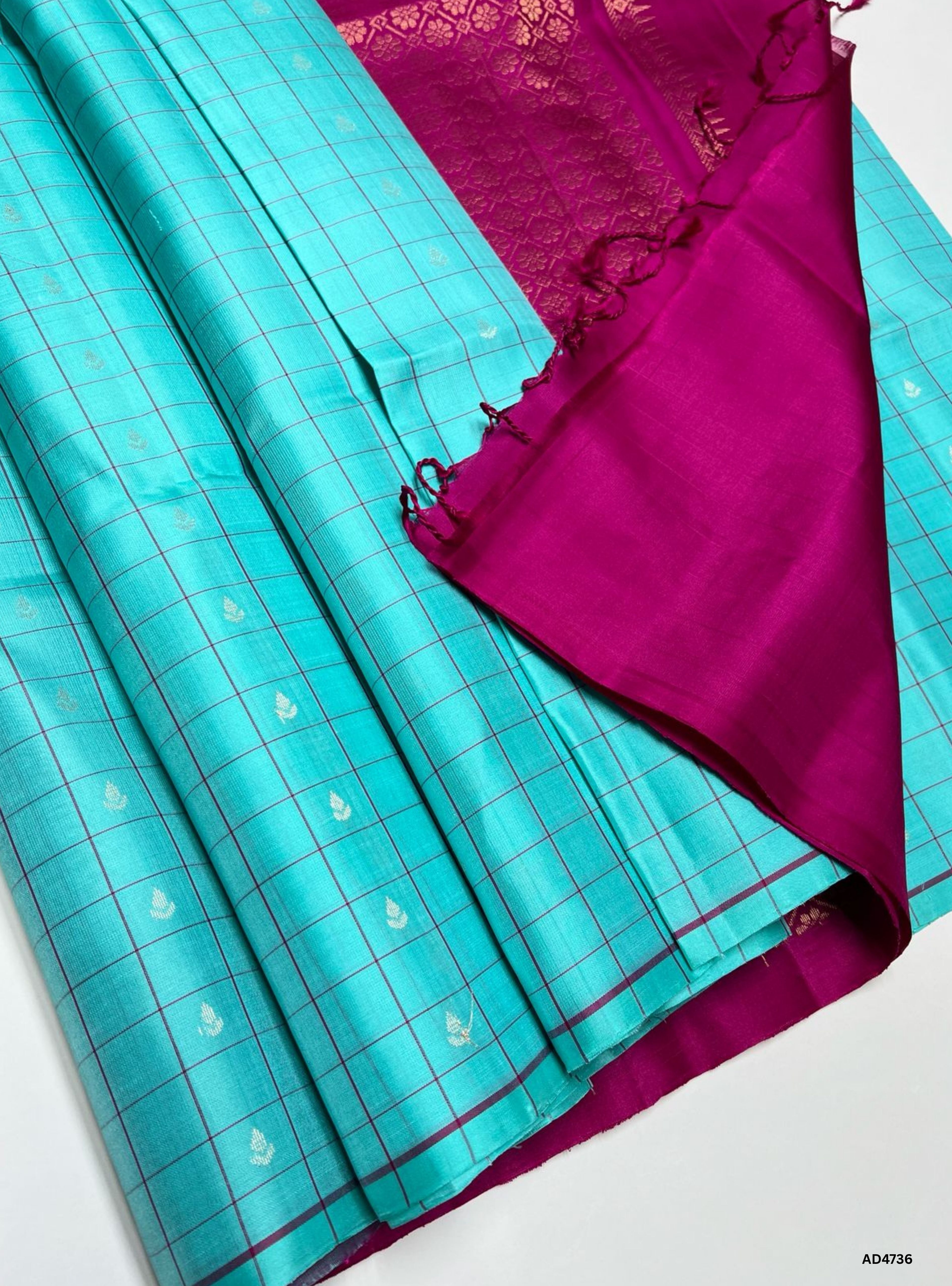 Aquva Blue & Rani Pink - Checkerd Soft Silk Saree
