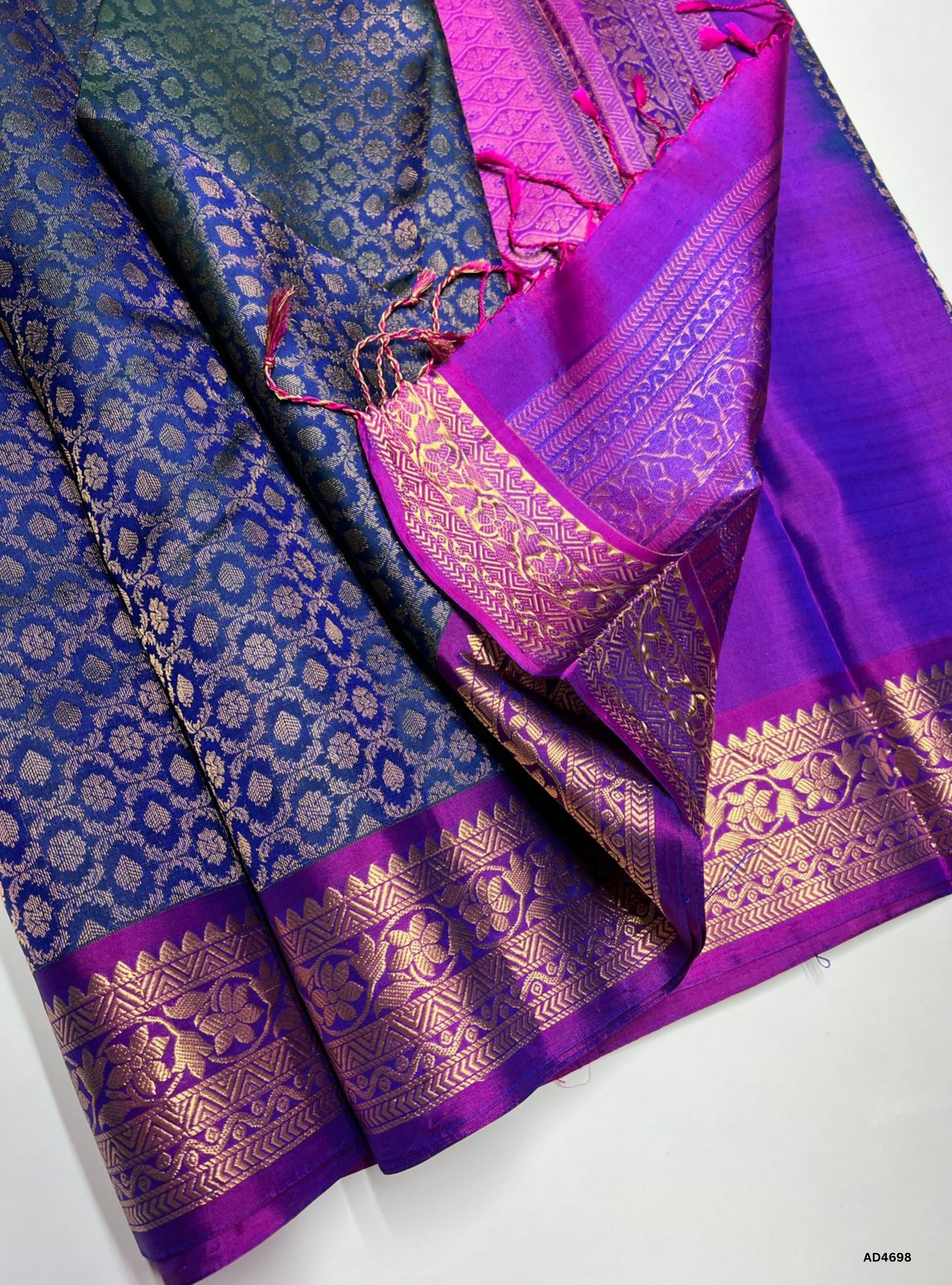 Peacock Blue & Purple - Empose Kanchi Border Soft Silk Saree