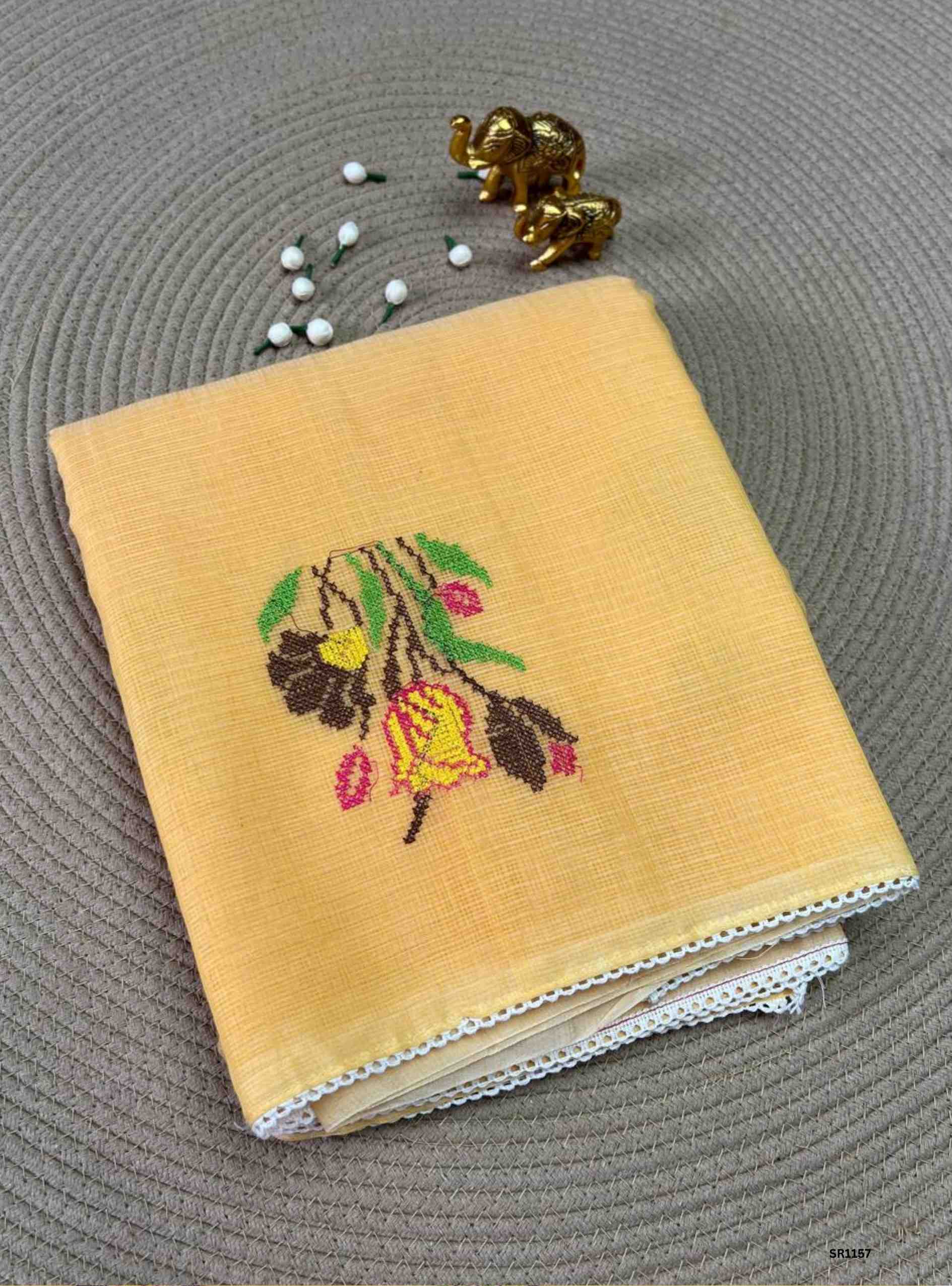 Yellow - Embroidered Pure Kota Cotton Saree