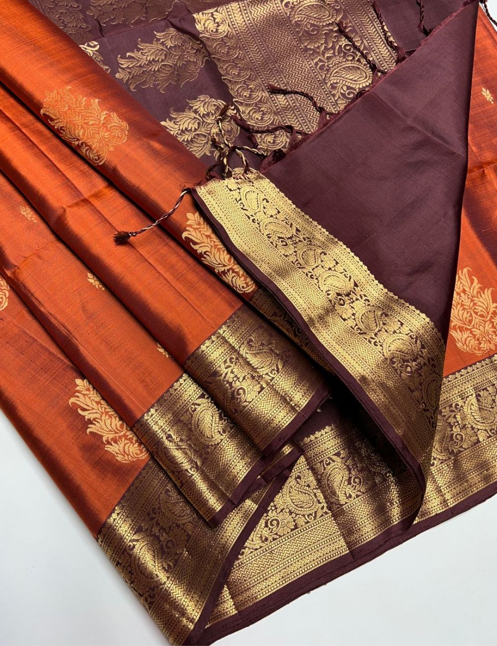 Rust Orange & Brown - Soft Silk Saree