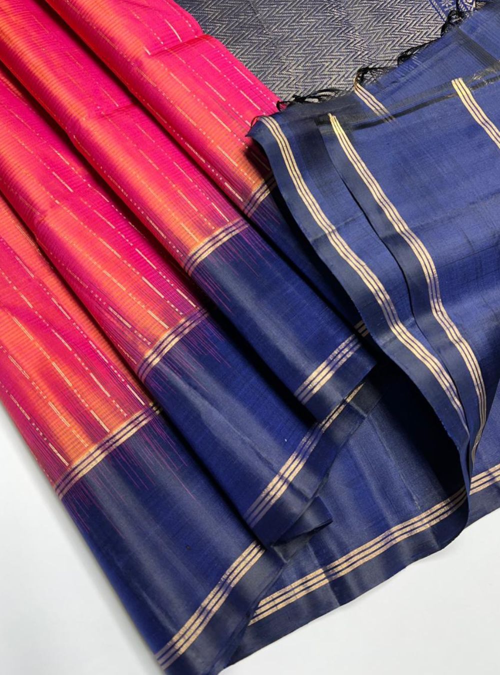 Orangish Pink & Navy - Soft Silk Saree