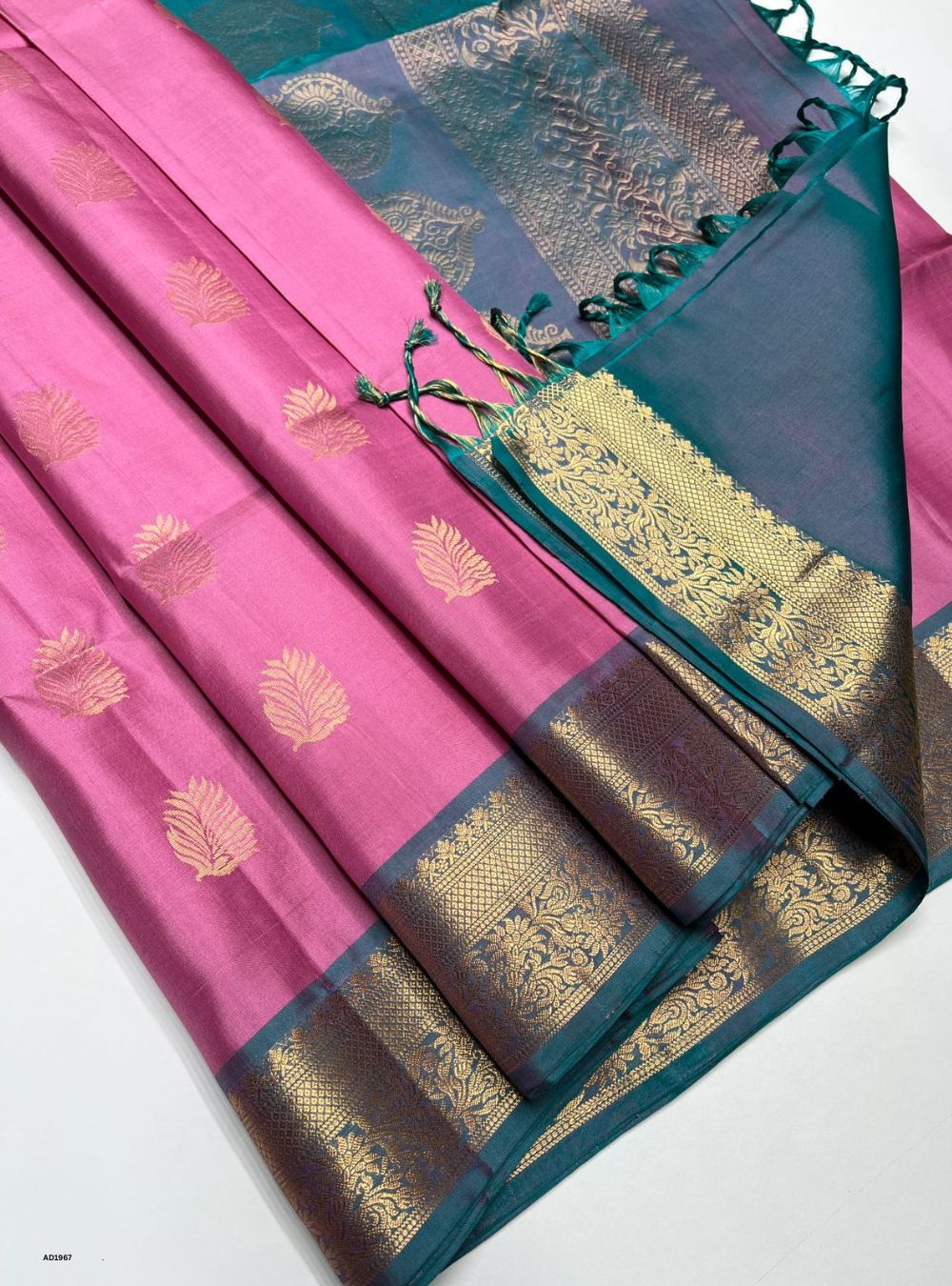 Lotus Pink & Green - Soft Silk Saree