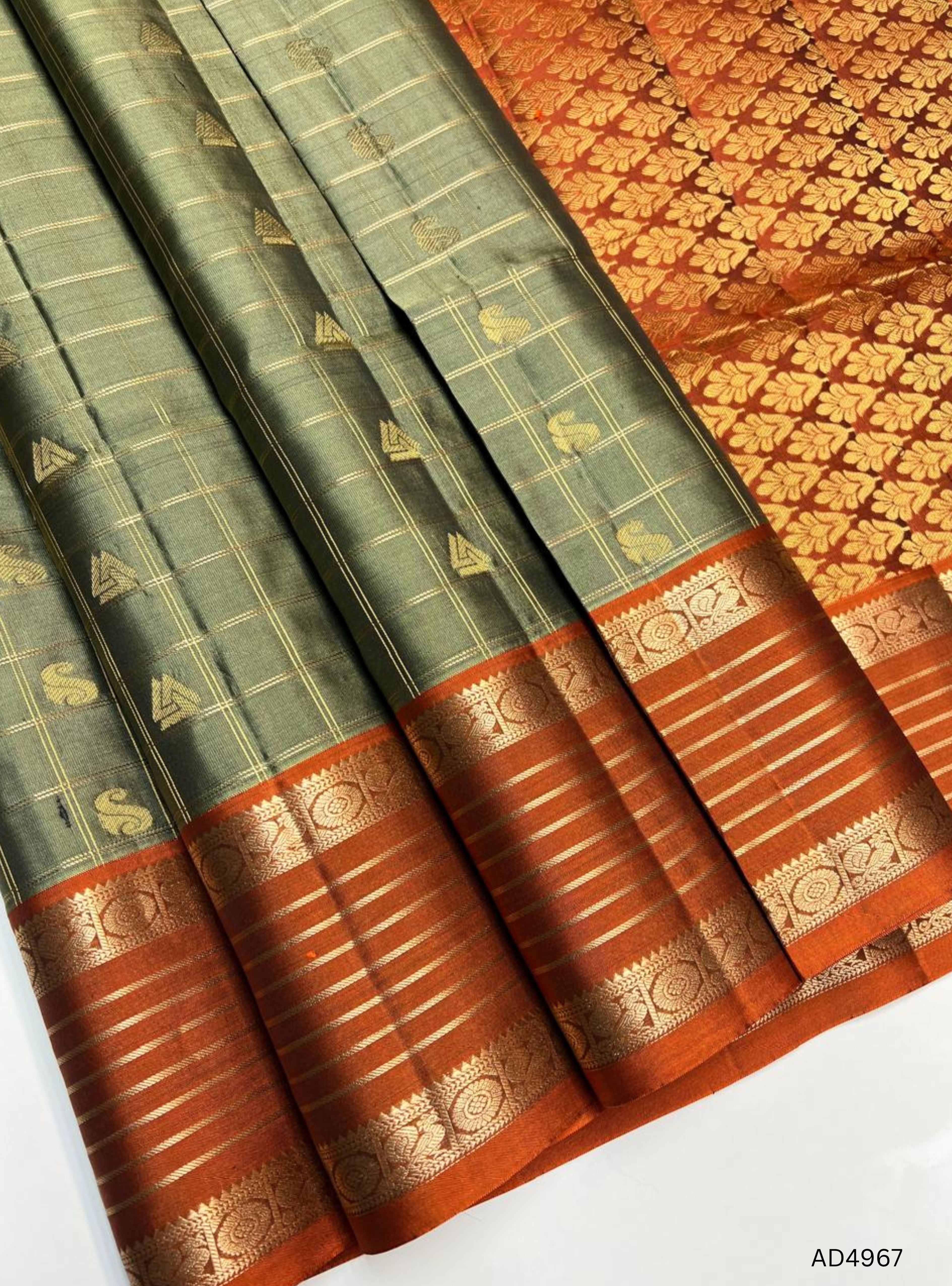 Velvet Green Grey & Rust Orange - Checkerd Retta Pet Soft Silk Saree