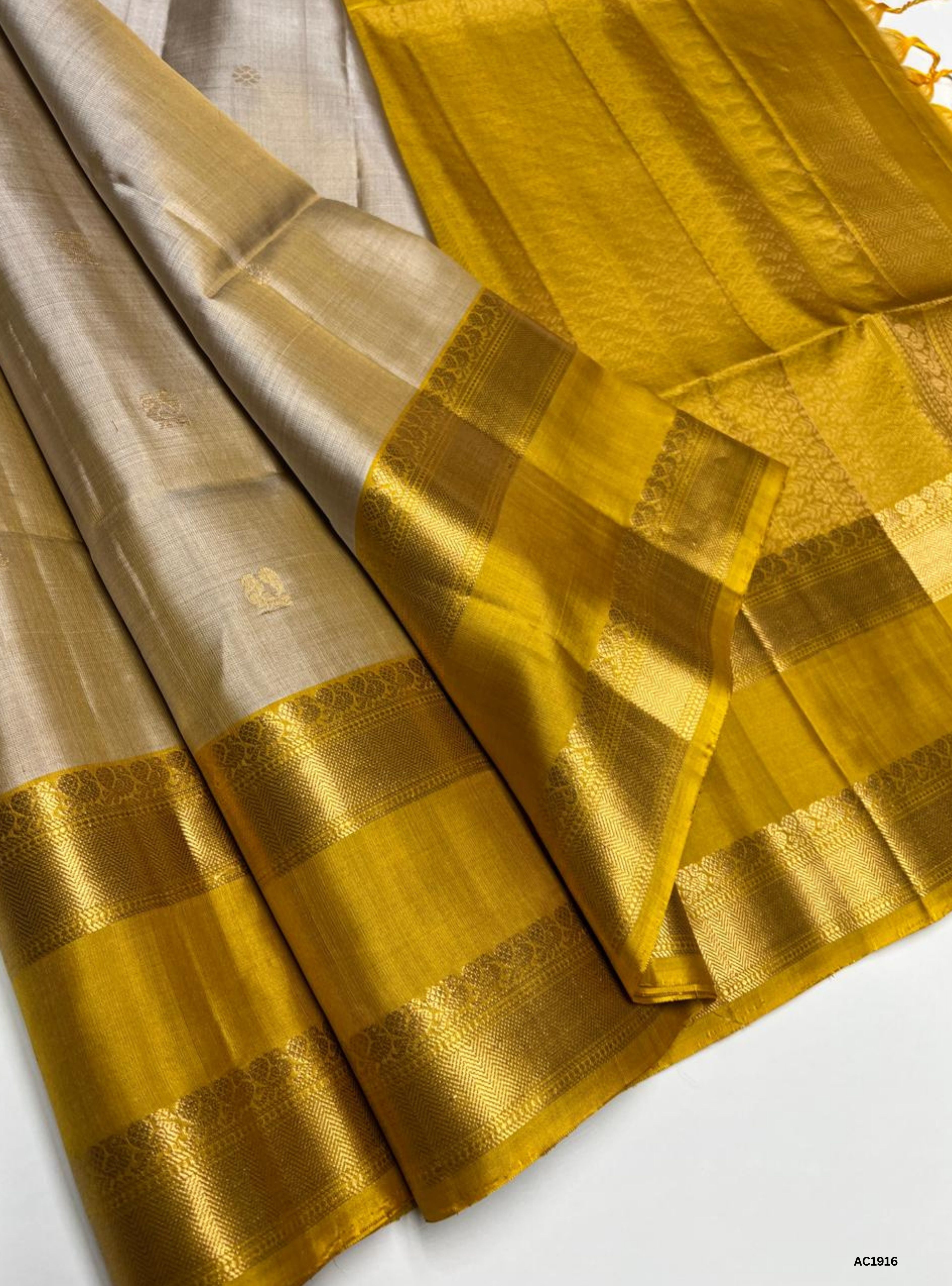 Celebrity Inspried Ivory & Yellow - Rettapett Soft Silk Saree