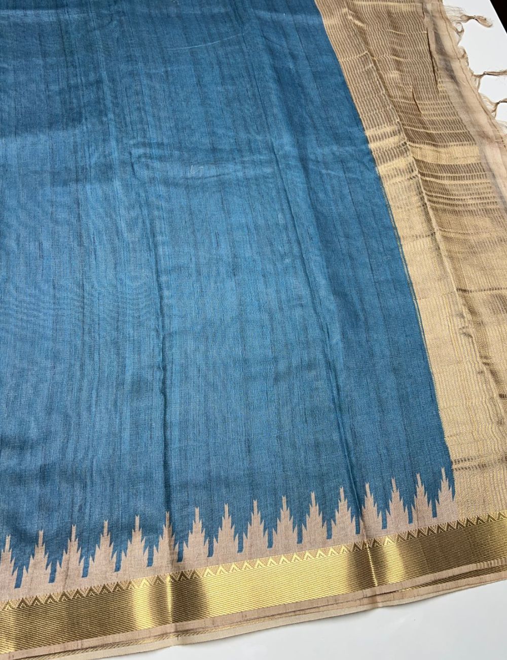 Blue Color -  Plain Semi Tusser Saree