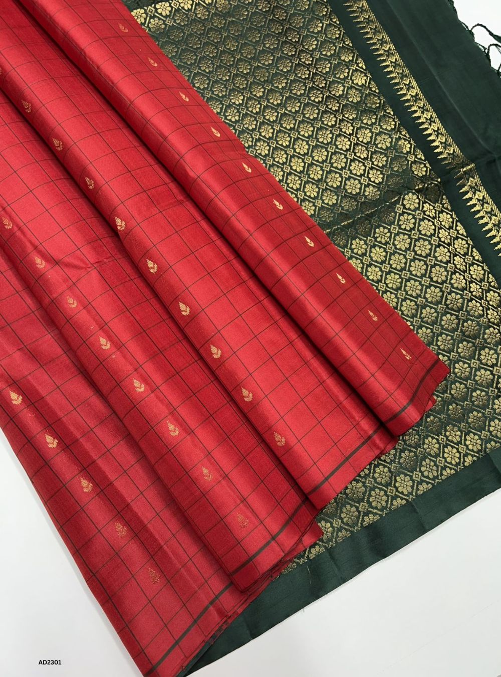 Red & Bottle Green - Soft Silk Saree