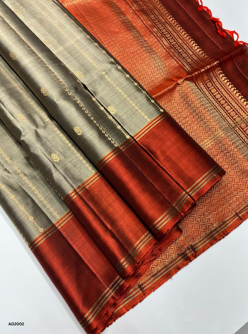 Grey & Rust Orange - Soft Silk Saree