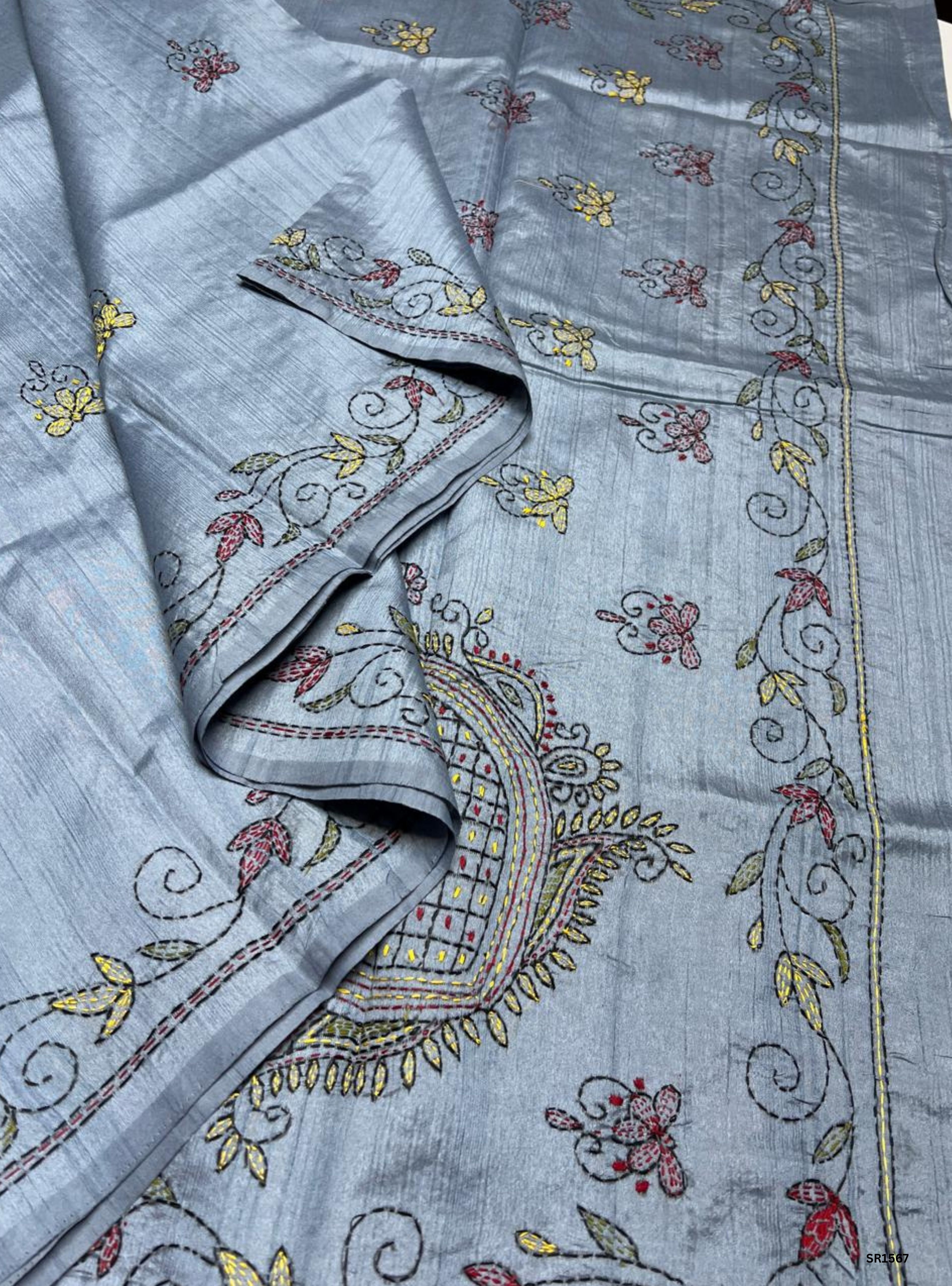 Grey - Kantha Stich Semi Tussar Saree