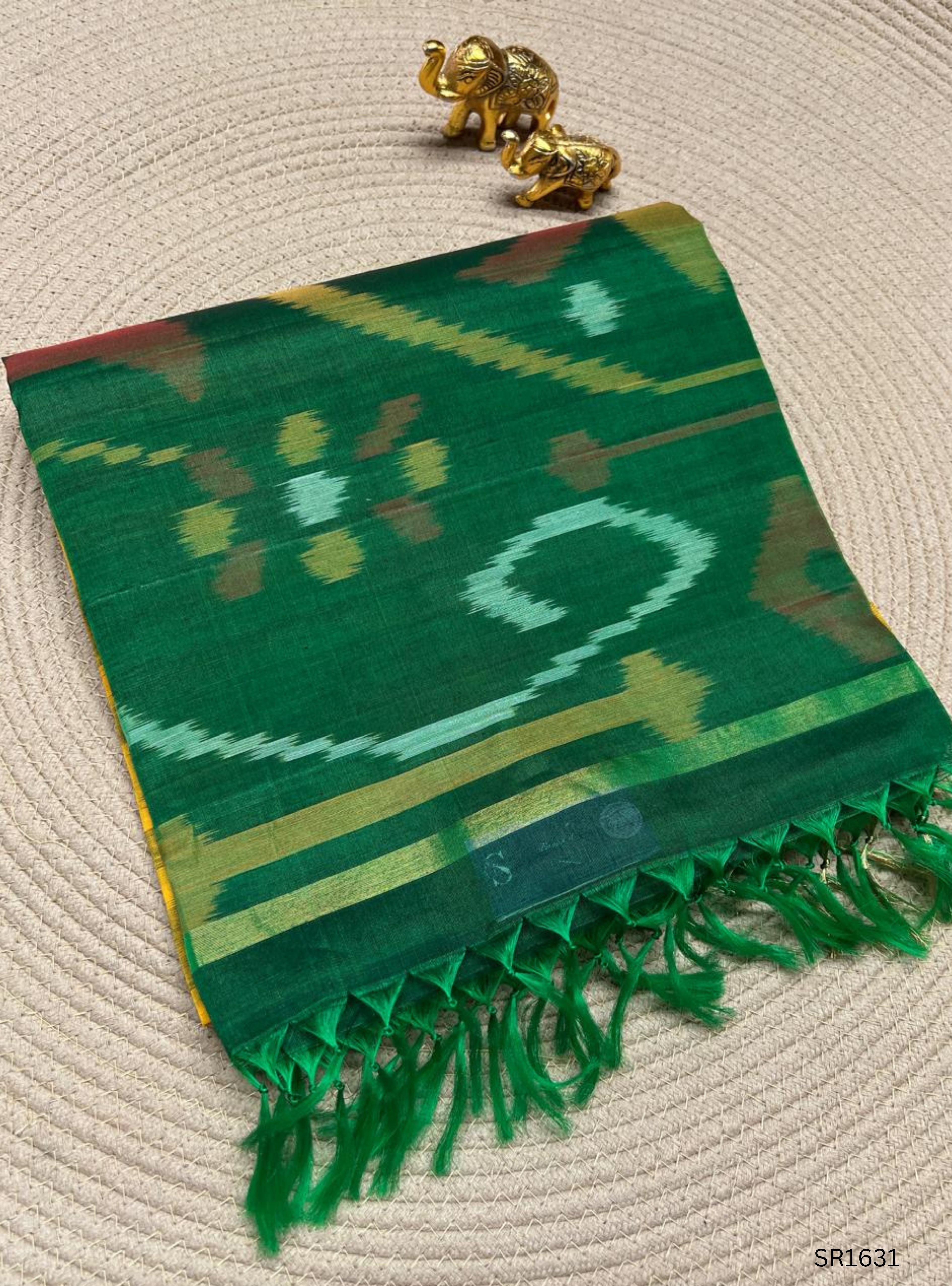 Yellow,  & Green - Ikkat Kora Cotton Saree
