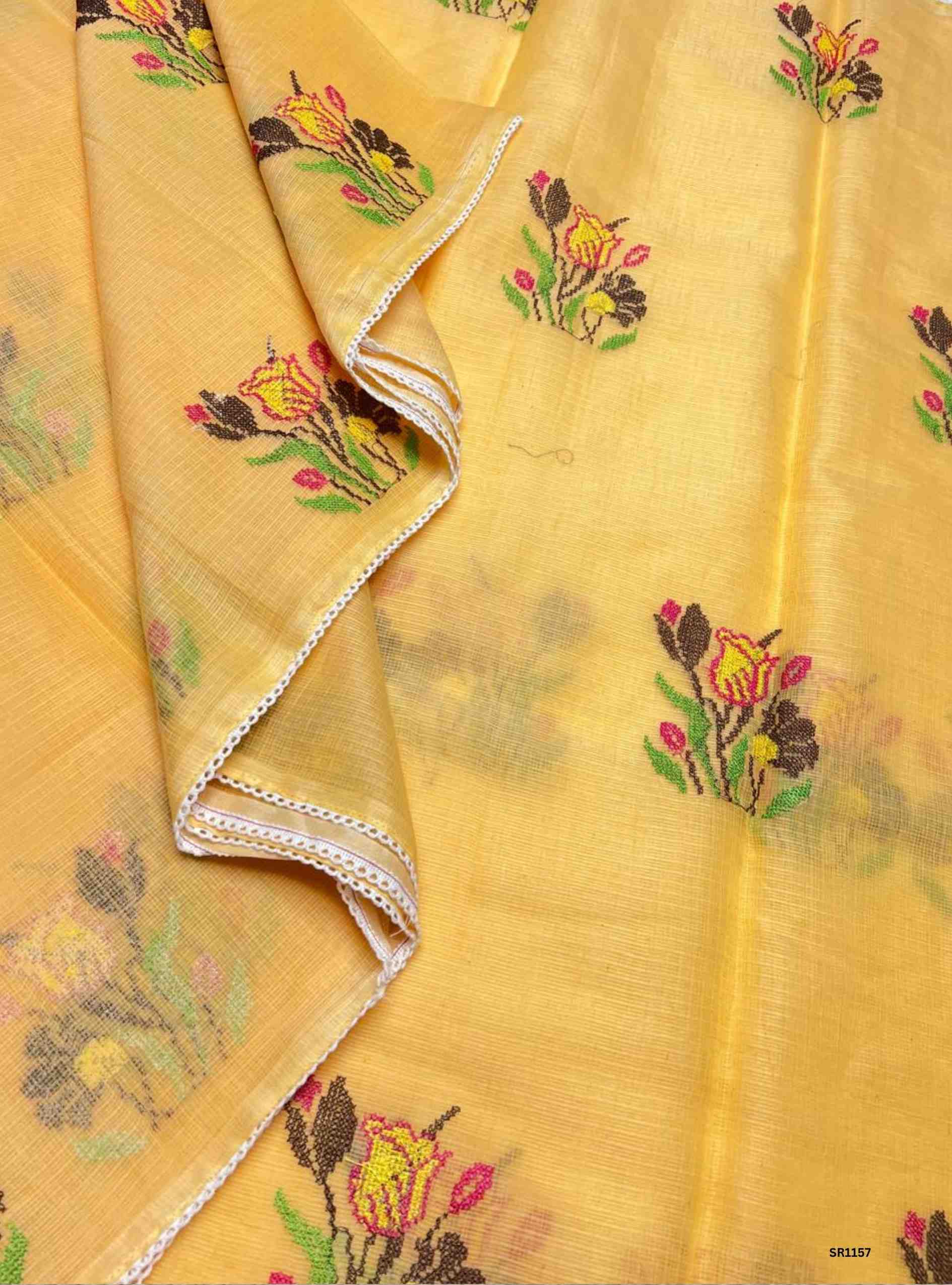 Yellow - Embroidered Pure Kota Cotton Saree