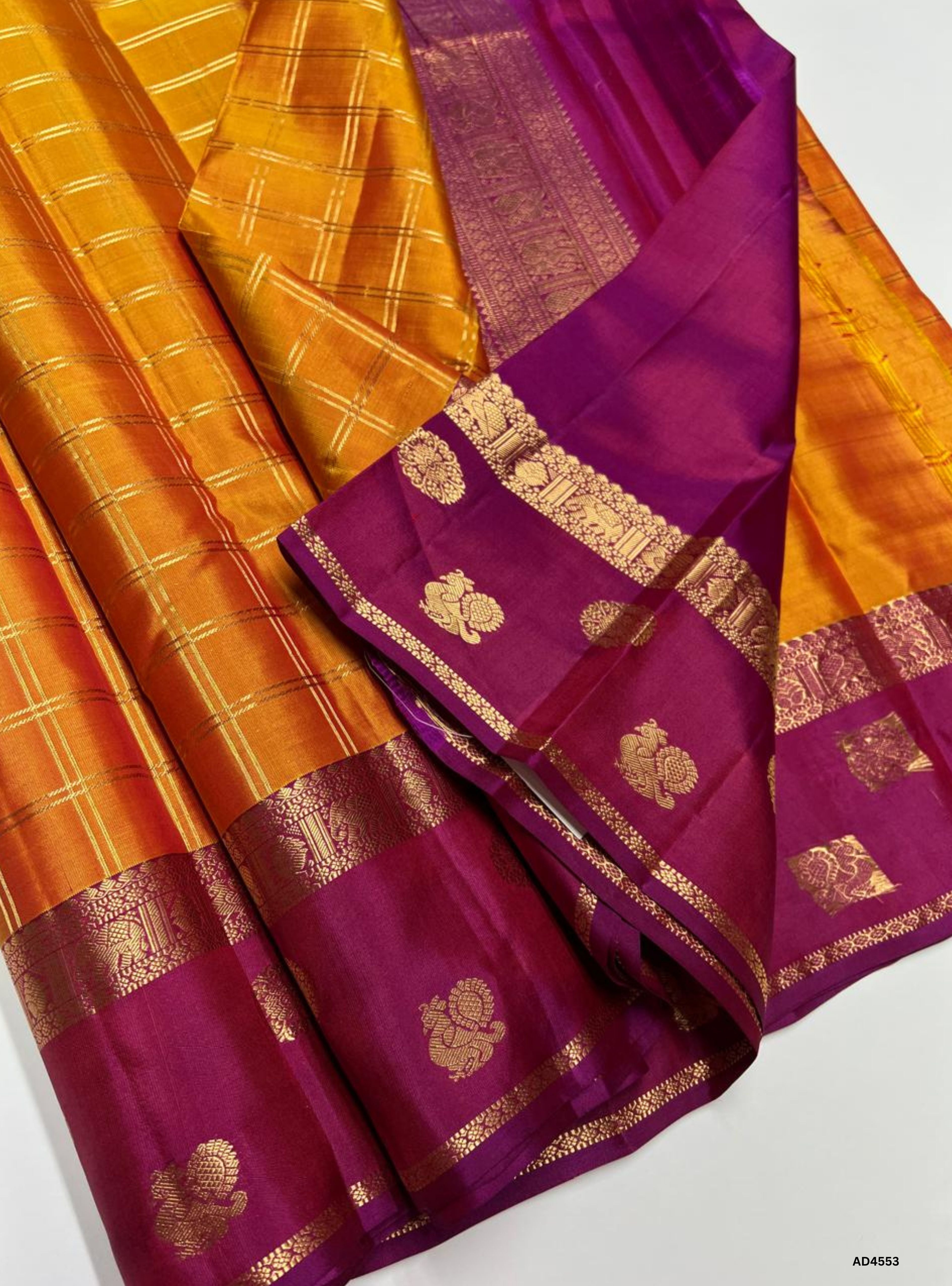Mango Yellow & Purple - Checkerd Retta Pet Border Saree