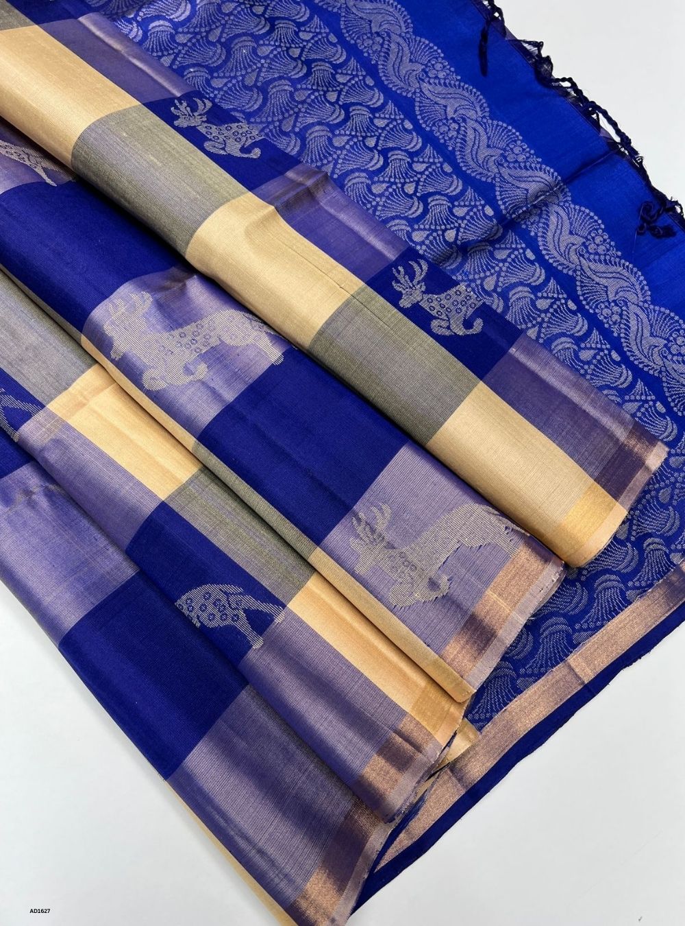 Cream & Royal Blue -  Soft Silk Saree
