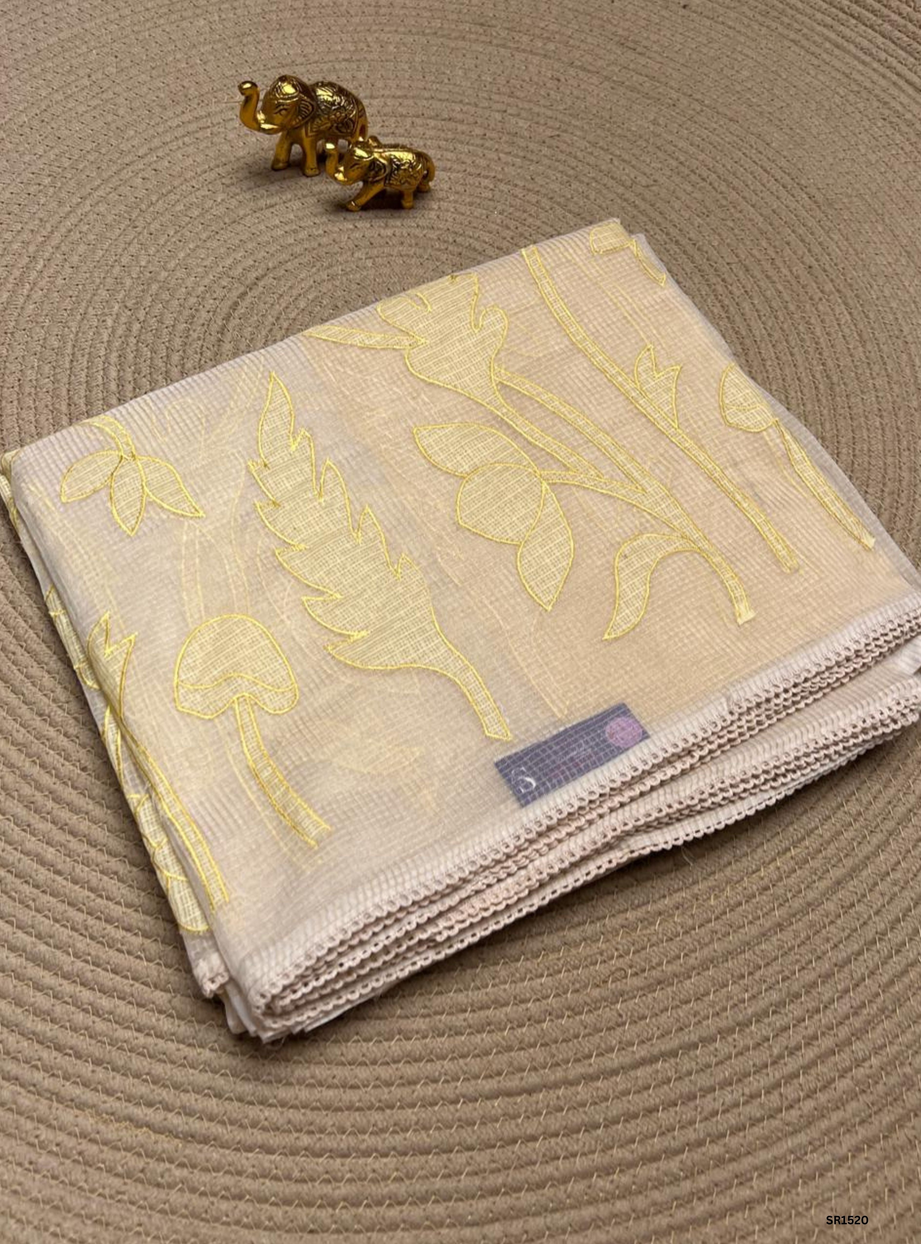 Half White & Yellow - Kota Applique Work Saree