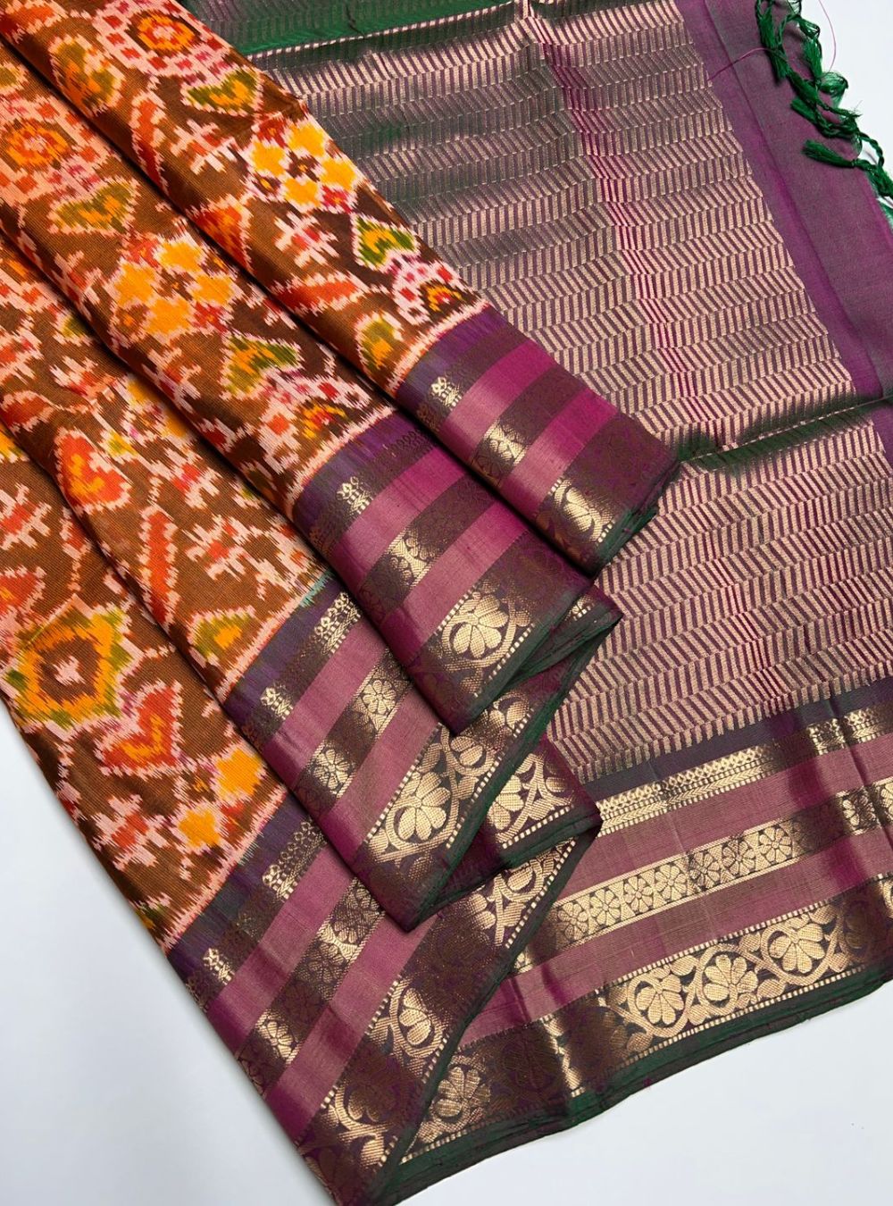 Brown & Green - Soft Silk Saree