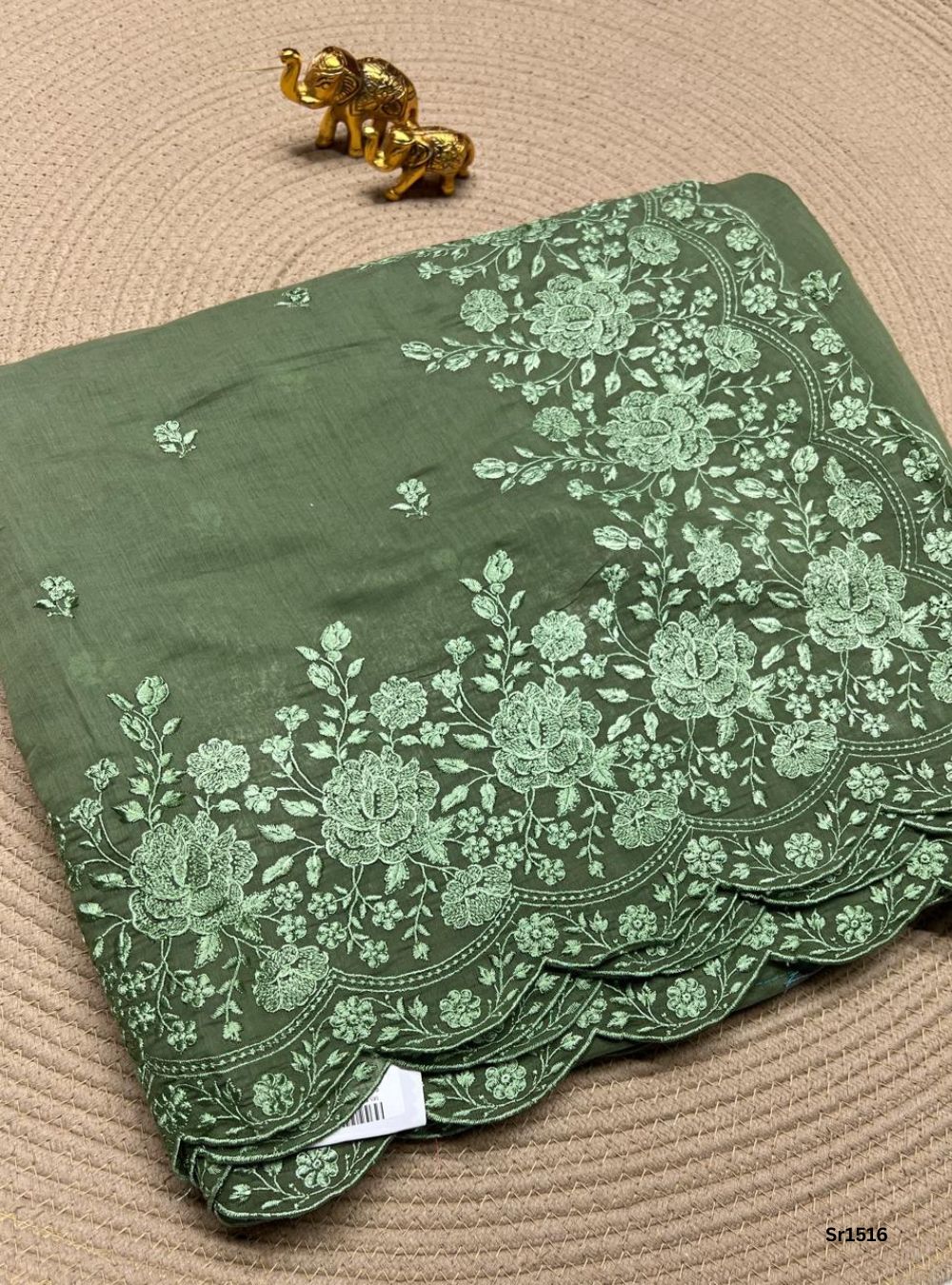 Olive Green - Mul chanderi Thread Embroided Saree