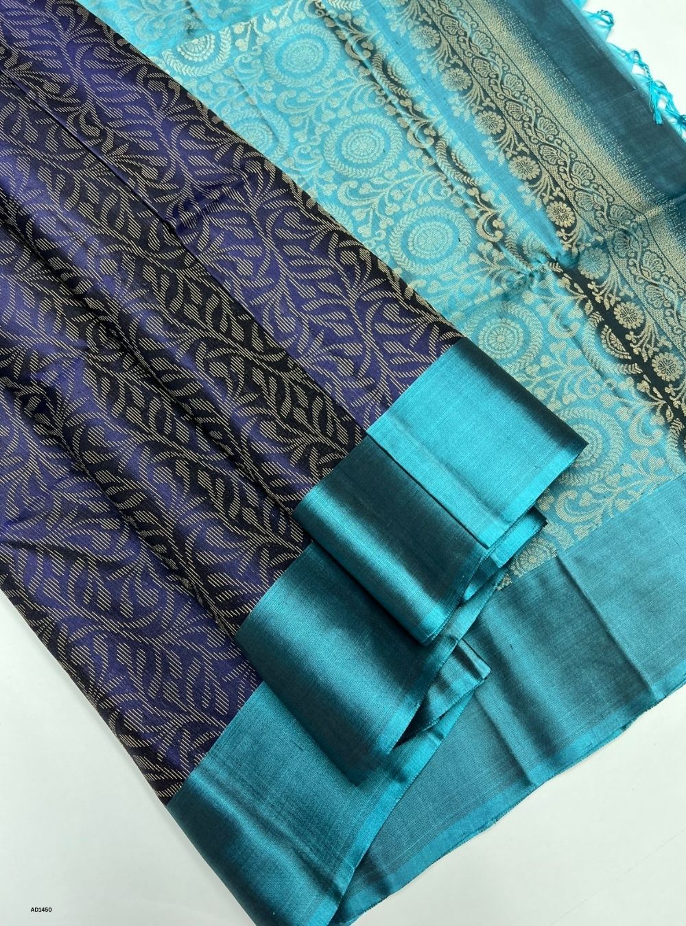 Dark Navy & Mint Blue  - Soft Silk Saree