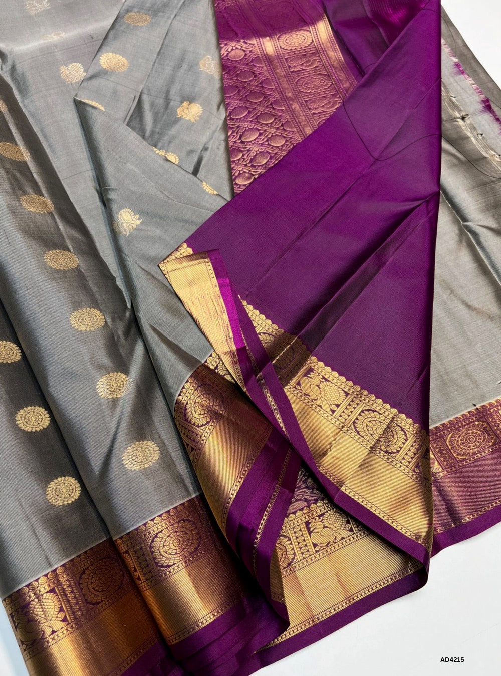 Grey & Magenta - Kanchi Border Soft Silk Saree Minor Damage