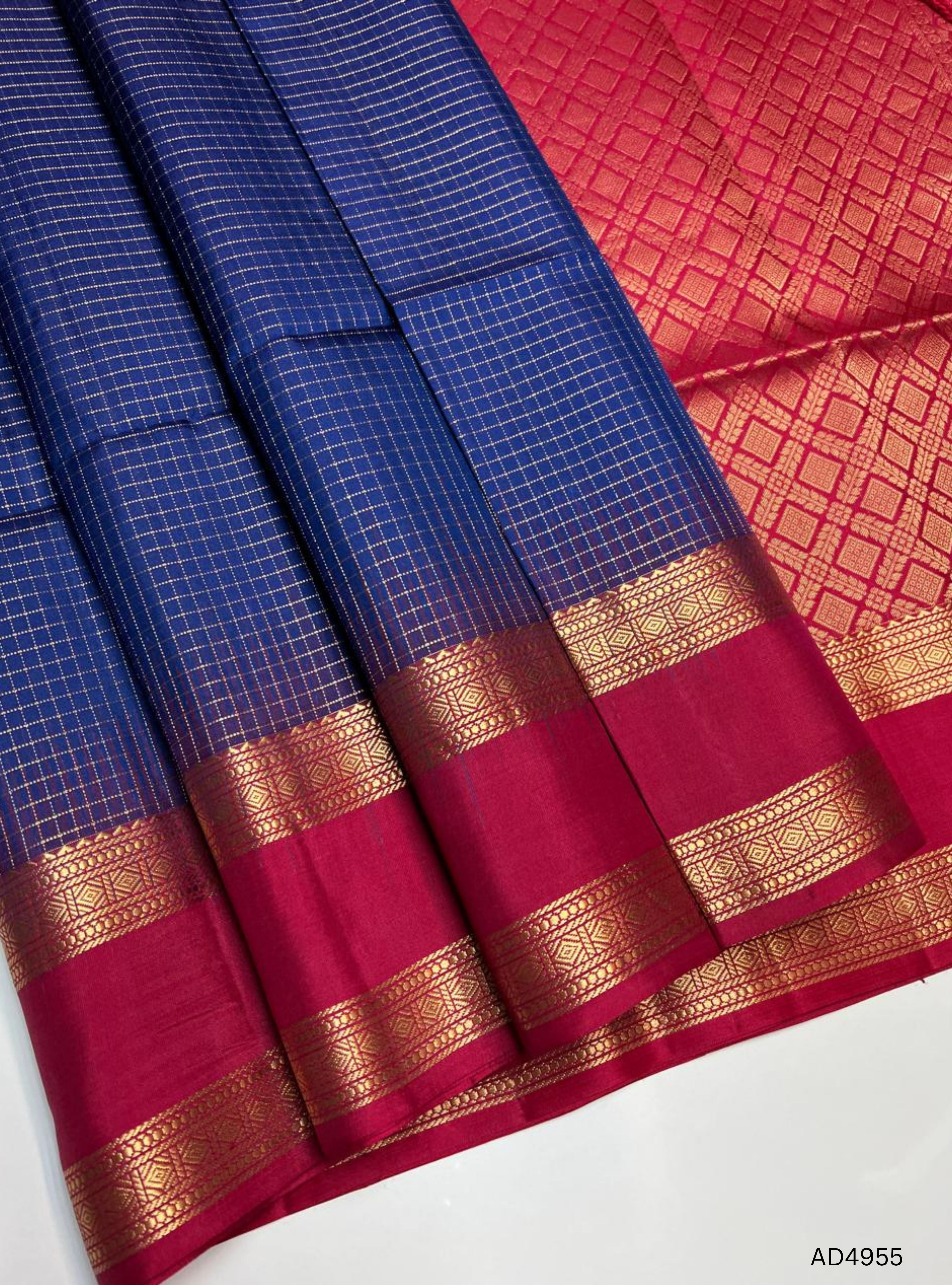 Ink Blue & Red - Retta Pet Soft Silk Saree