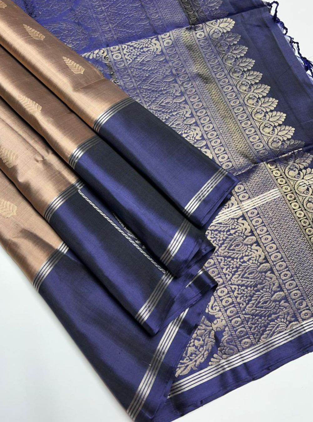Chocolate Brown & Navy - Soft Silk Saree
