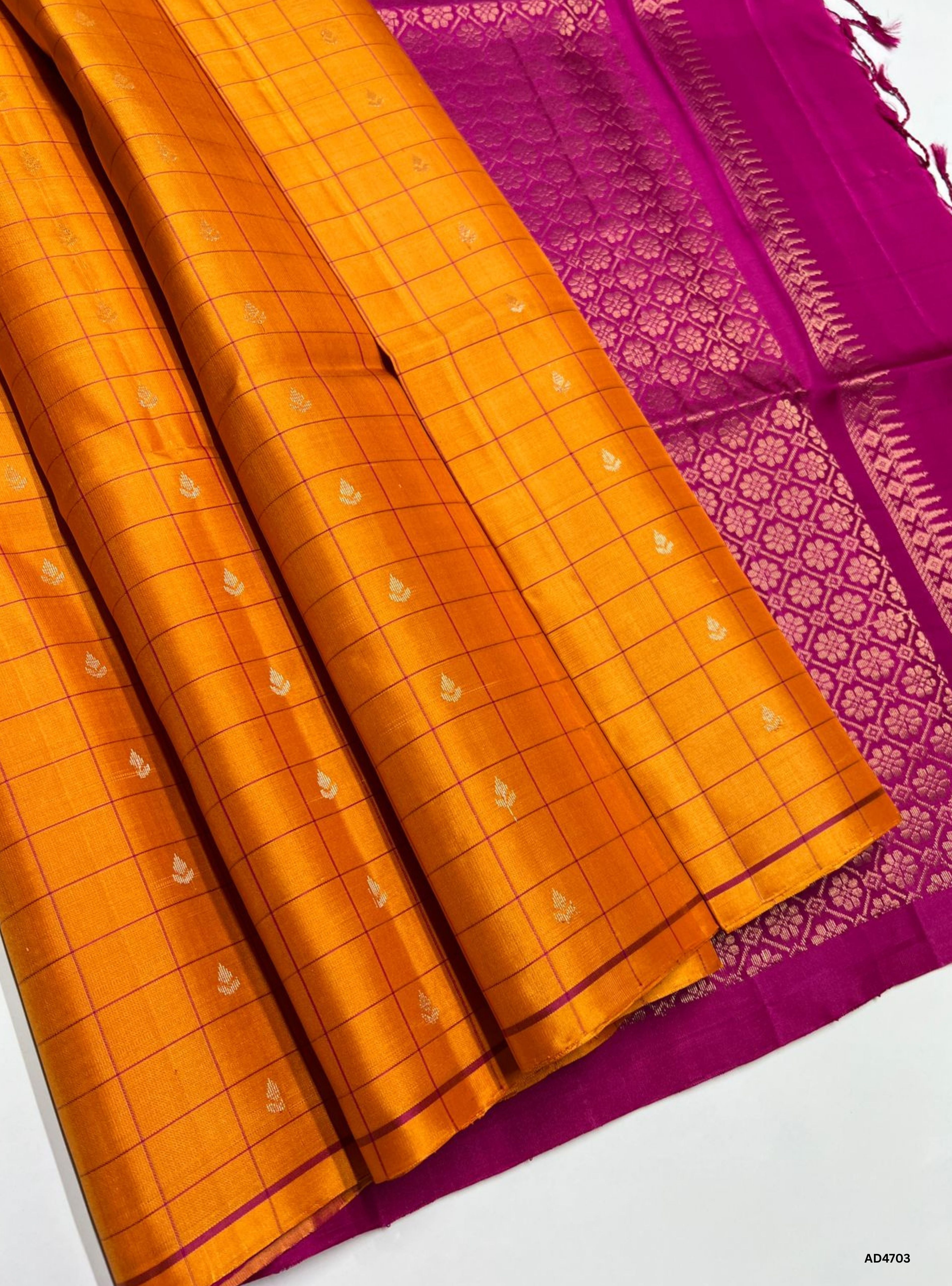 Mango Yellow & Rani Pink  - Checkerd Retta Pet Saree