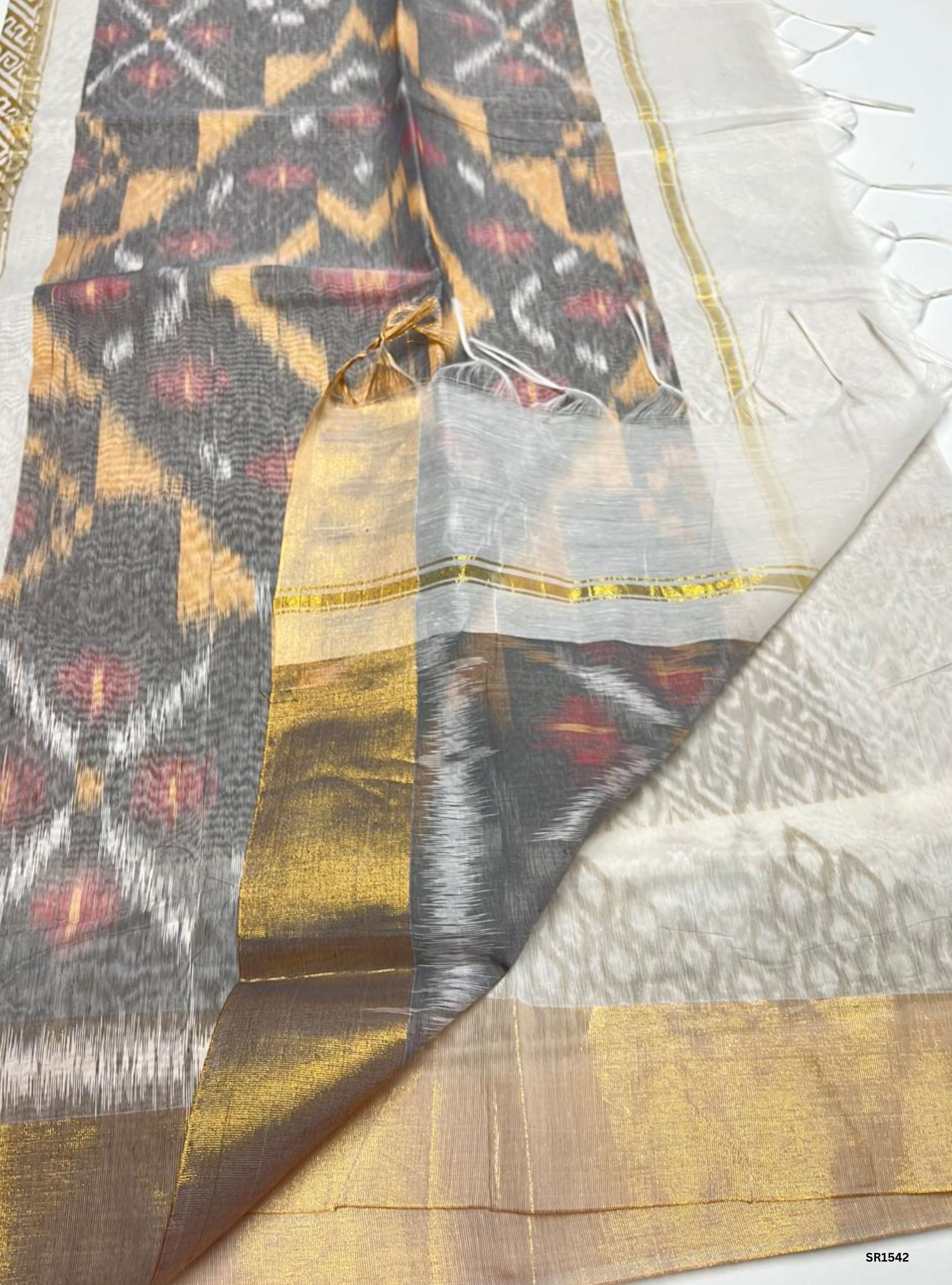 Half White & Black - Ikkat Kotta Cotton Saree