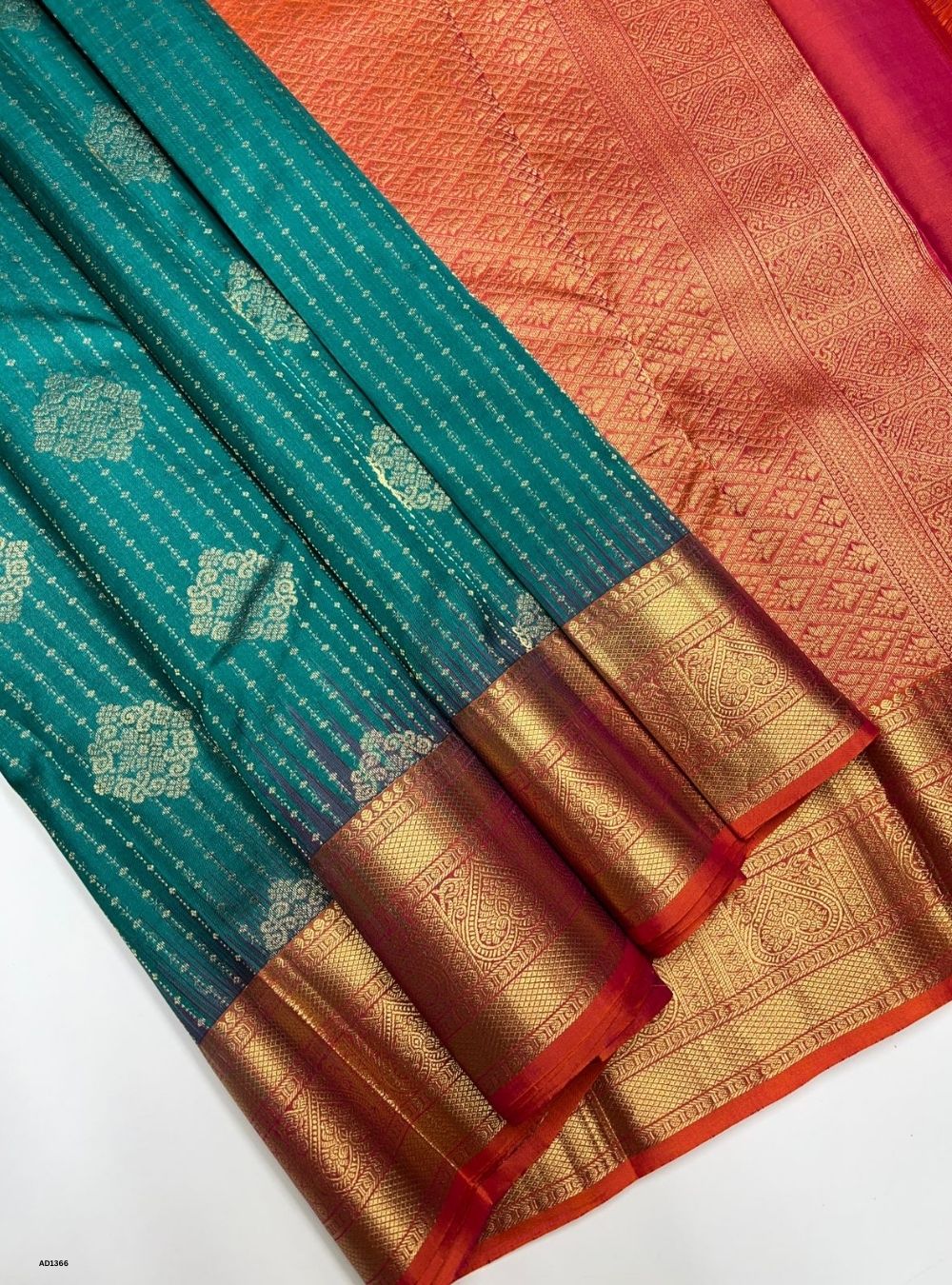 Emerald Green & Orangish Pink -  Soft Silk Saree