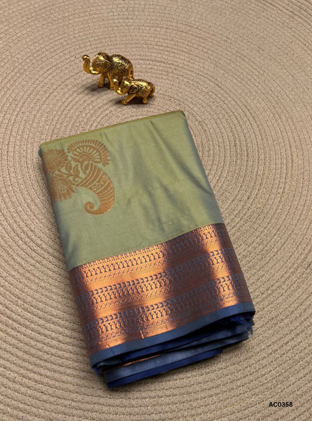 DUAL TONE GREEN & YELLOW CROSS BLUE - SEMI SILK SAREE